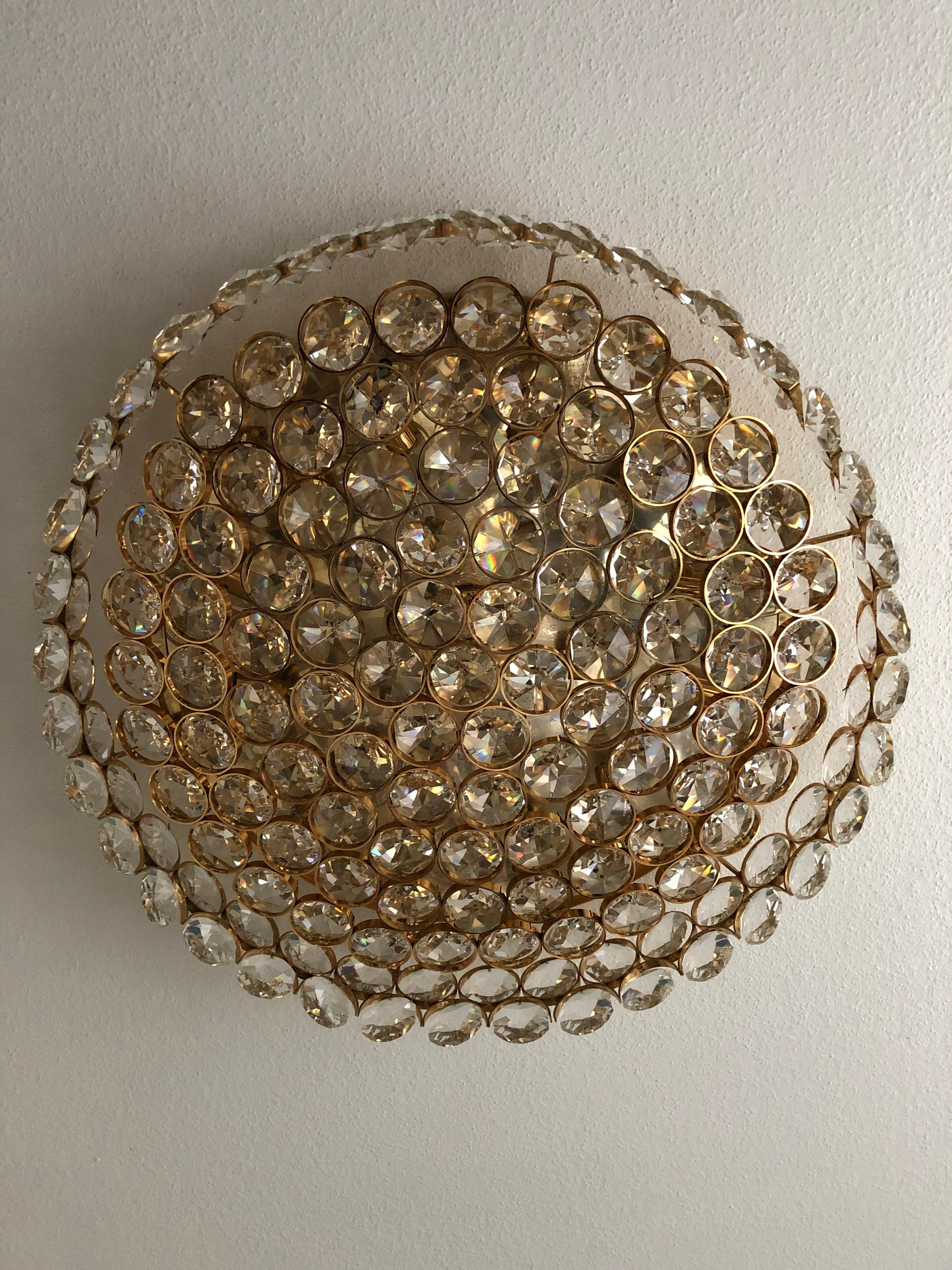 Modern Fantastically Palwa Ceiling Lamp / Plafoniere Brass with Large Crystal For Sale