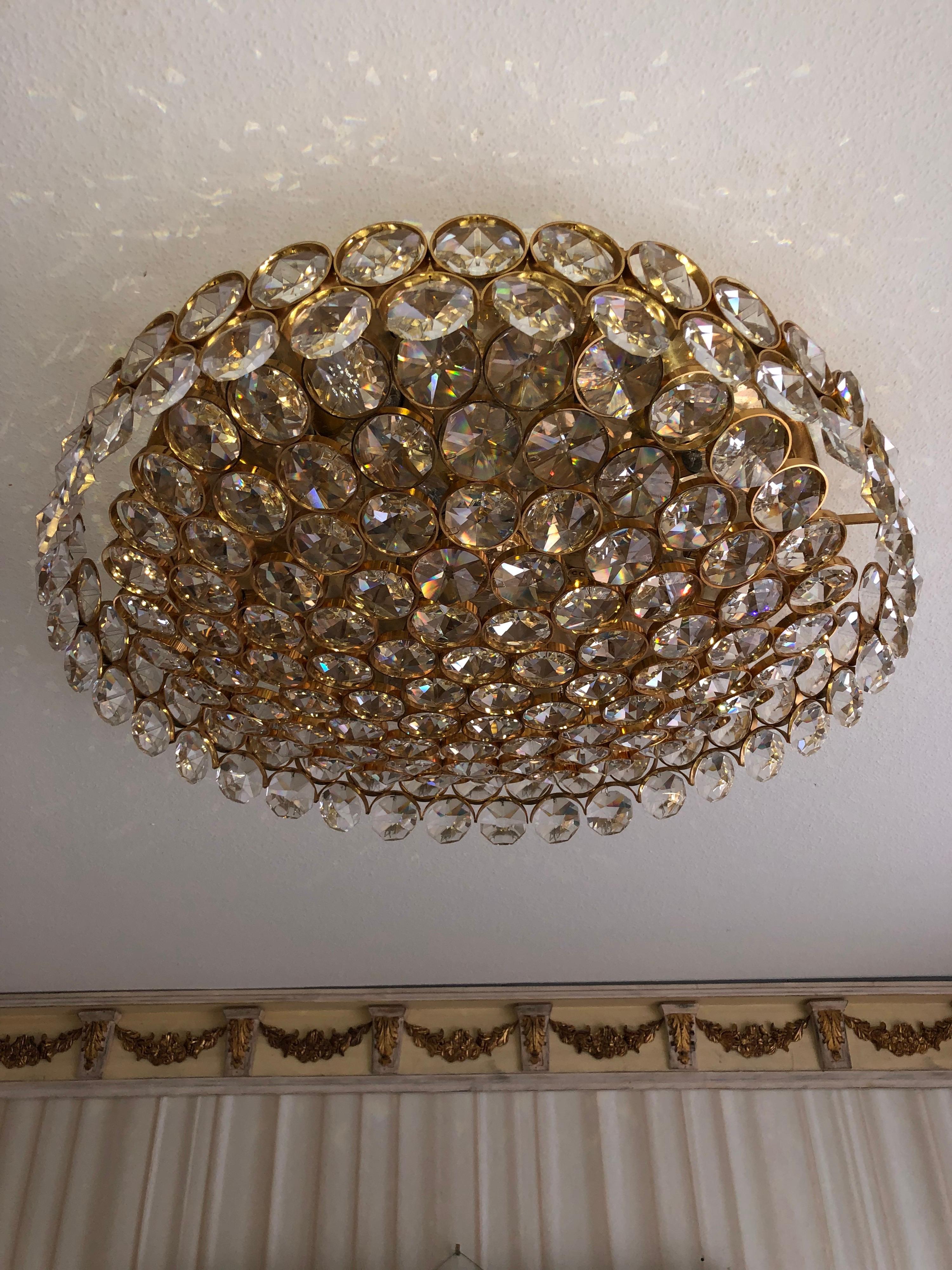 German Fantastically Palwa Ceiling Lamp / Plafoniere Brass with Large Crystal For Sale