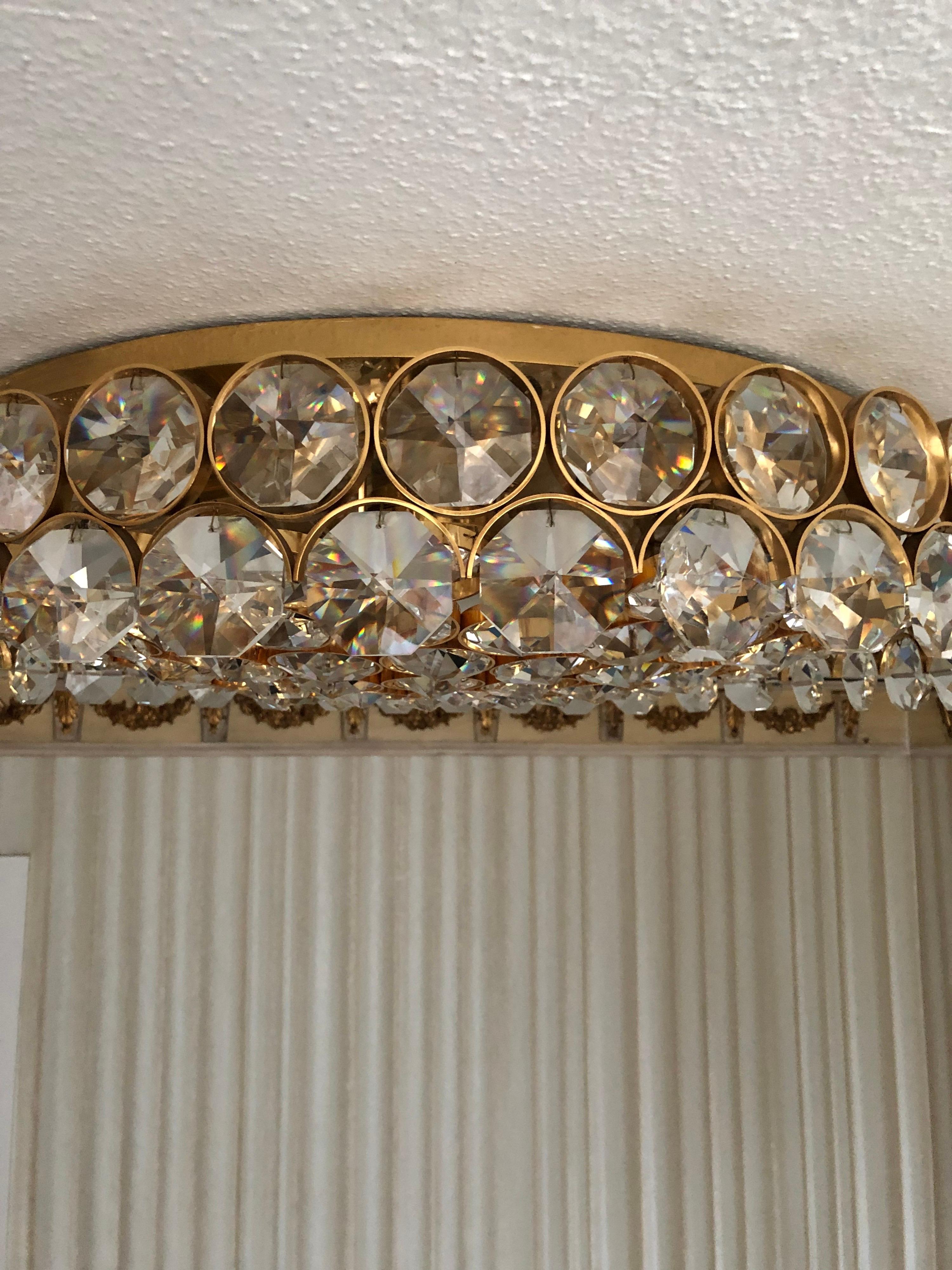 Faceted Fantastically Palwa Ceiling Lamp / Plafoniere Brass with Large Crystal For Sale