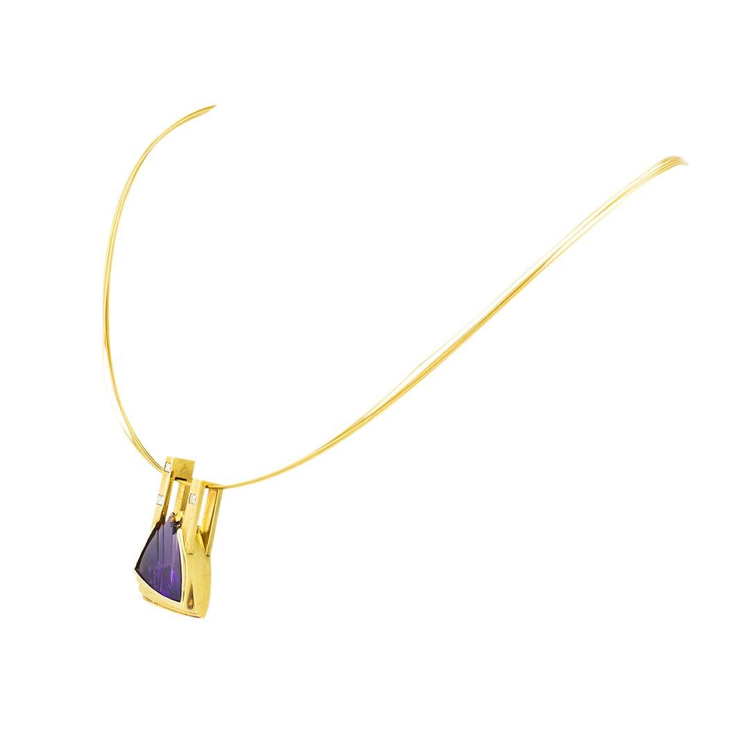Mixed Cut Fantasy Cut Amethyst Princess Cut Diamond Yellow Gold Necklace For Sale