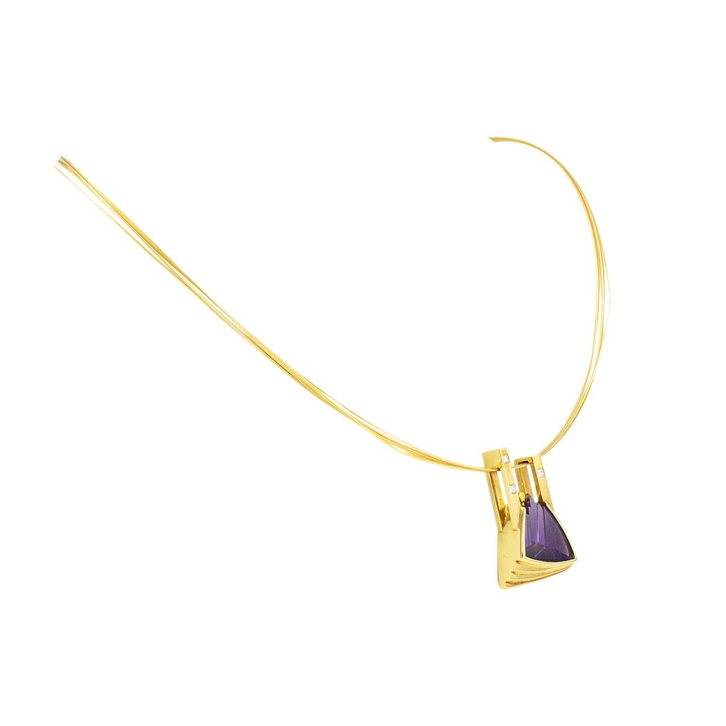 Fantasy Cut Amethyst Princess Cut Diamond Yellow Gold Necklace In Good Condition For Sale In Los Angeles, CA