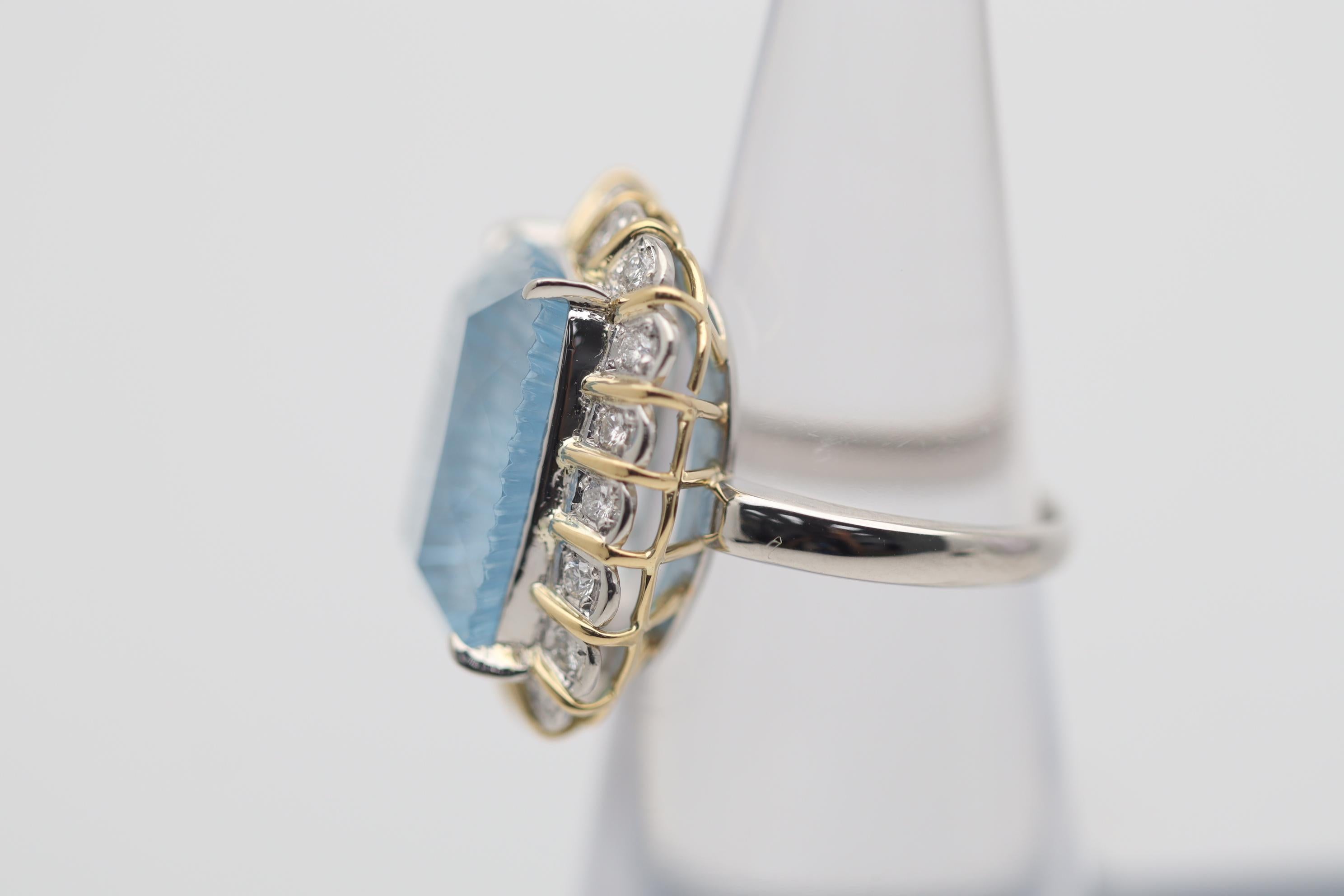 Fantasy-Cut Aquamarine Diamond Platinum & Gold Ring In New Condition For Sale In Beverly Hills, CA
