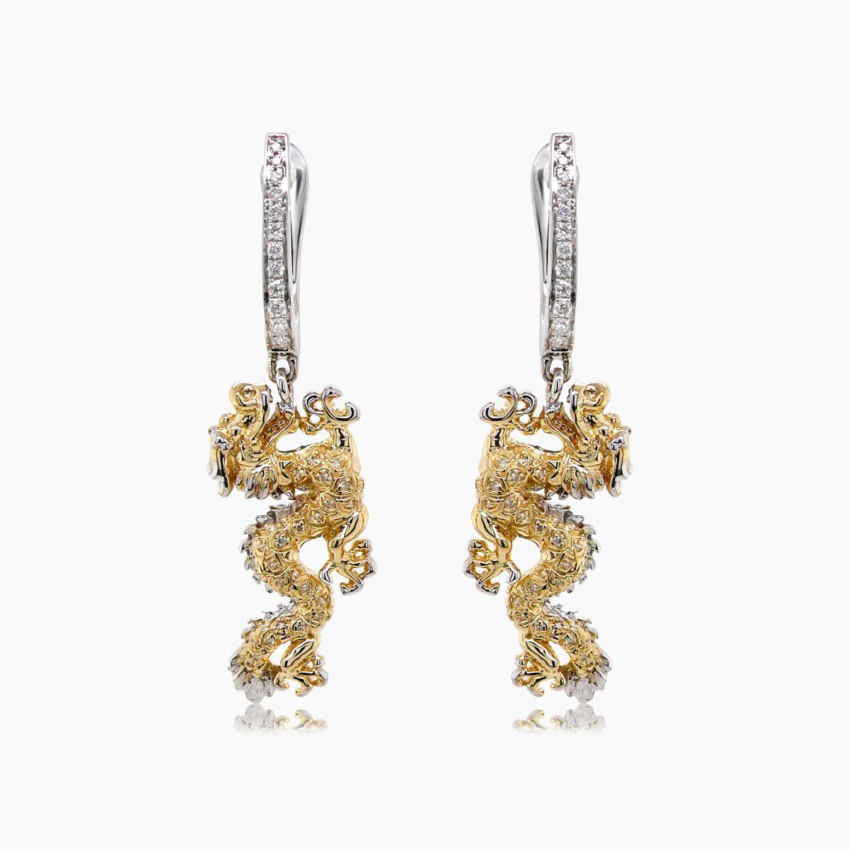 Fantasy Dragon Diamond Pave 18K Yellow & White Gold Animal Earrings In New Condition For Sale In Oakton, VA