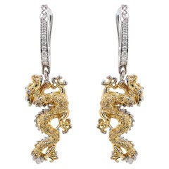 Fantasy Dragon Diamond Pave 18K Yellow & White Gold Animal Earrings