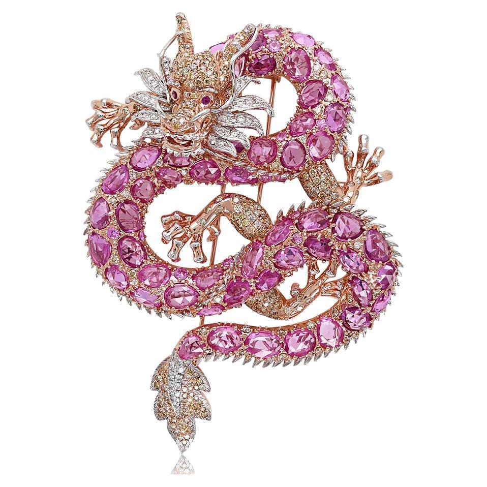 Fantasy Dragon Diamond Pave & Pink Sapphire Rose White Gold Animal Pin Brooch
