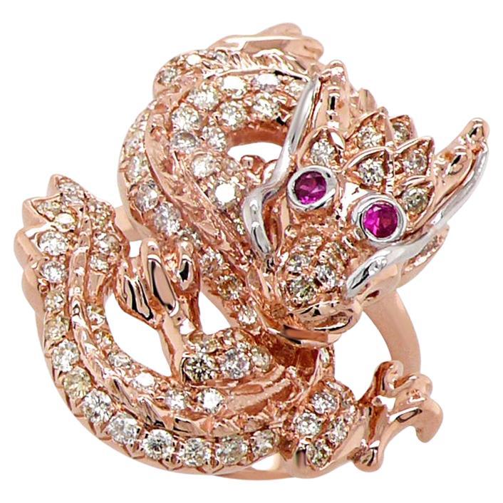 Fantasy Dragon Diamond Pave & Ruby 18K Rose Gold Animal Ring For Sale