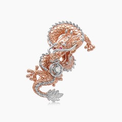 Fantasy Dragon Diamond Pave & Ruby 18K Rose White Gold Animal Pin Brooch