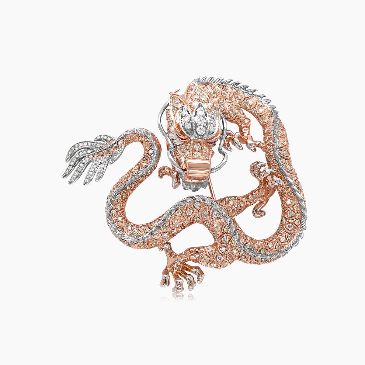 Mixed Cut Fantasy Dragon Diamond Pave & Ruby 18K Rose White Gold Animal Pin Brooch For Sale