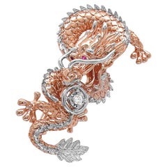 Fantasy Dragon Diamant Pave & Rubin 18K Rose White Gold Tier Pin Brosche