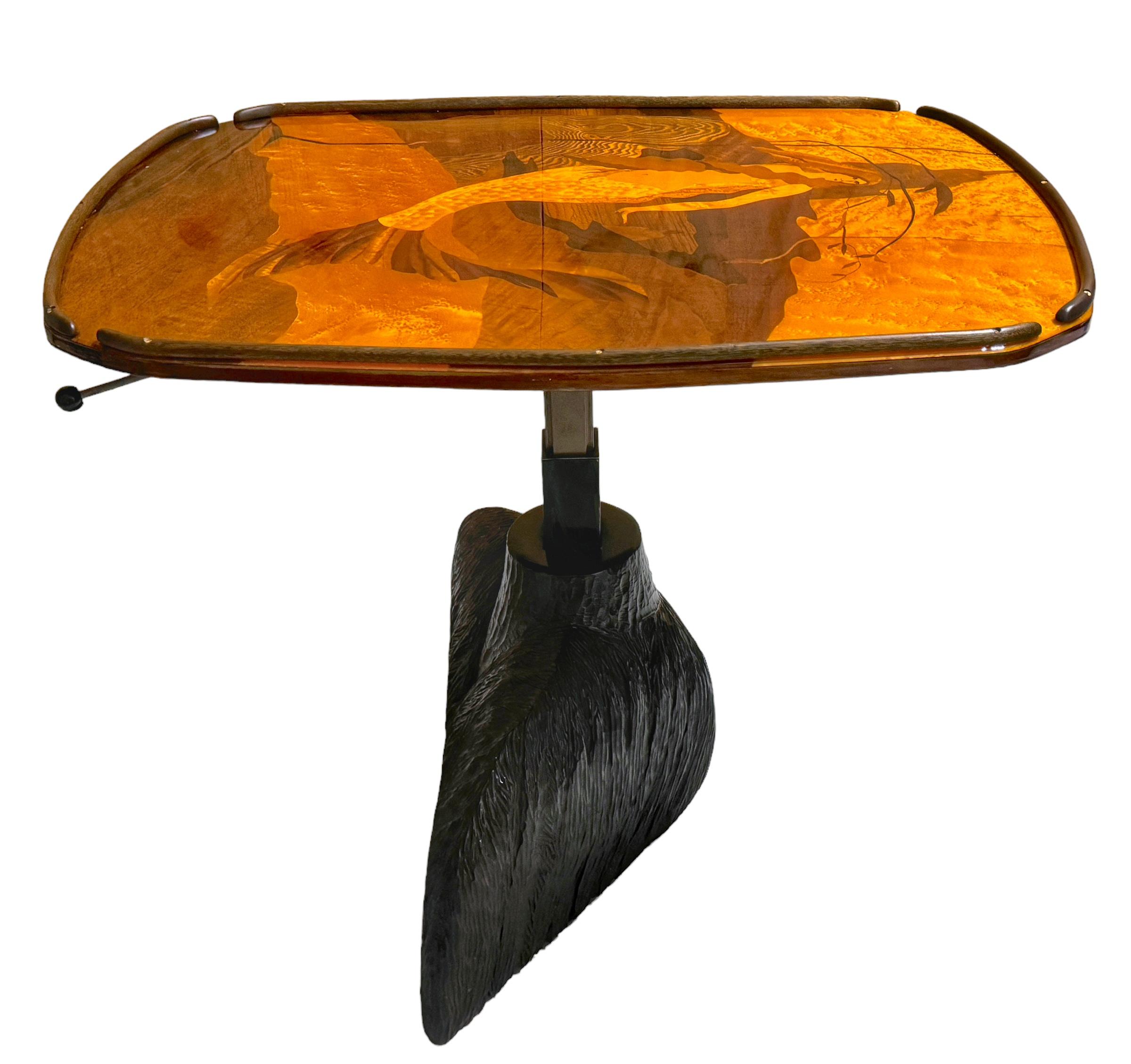 20th Century Fantasy Inlaid Mermaid Adjustable Coffee/ High Top Yacht Table, Style of Galle For Sale