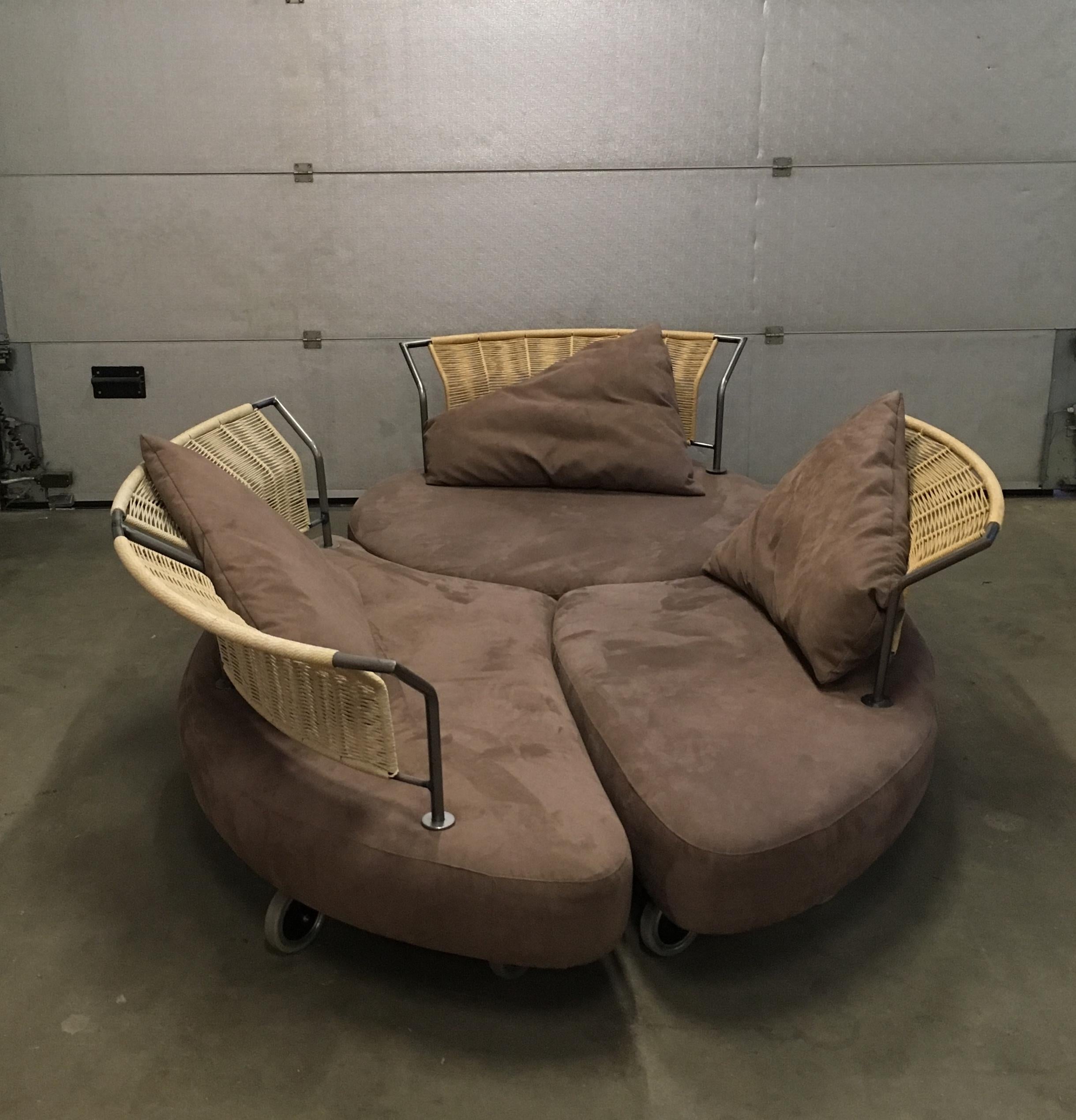 Large and rare sculptural piece from the 1980s,-1990s which can be easily turned into an 'island' or so called platform. Very romantic and highly fashionable piece with Suède like fabric. Remains in good condition with wear consistent with age and