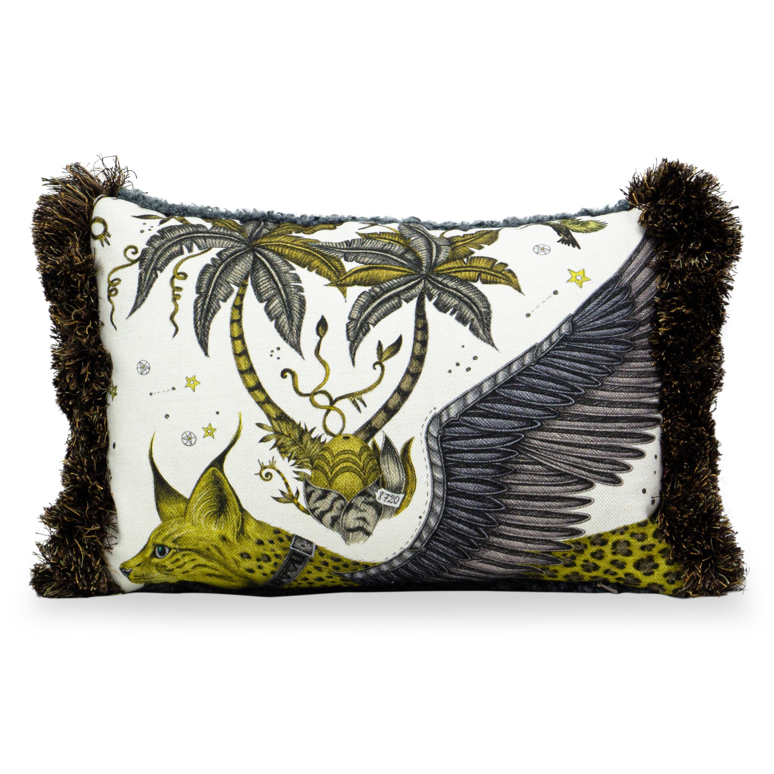 Fantastical lynx printed linen on pillow face with grey boucle on back and brush fringe trim.

Measurements:
Overall: 16”W x 13”H

Price As Shown: $1,225 as a pair
COM Price: $215 each
Customization may change price.

How We Work:
Made to