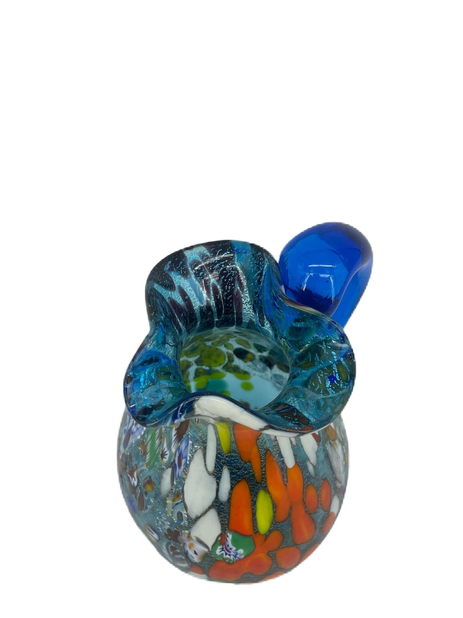 Hand-Carved Fantasy Murrina Aquamarine Jug, Glass from Murano For Sale