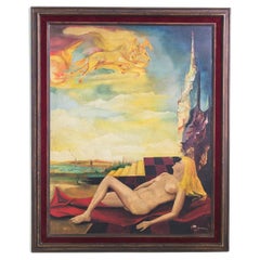 Peinture fantastique de Gilbert Germaux dans un cadre en bois, 1983