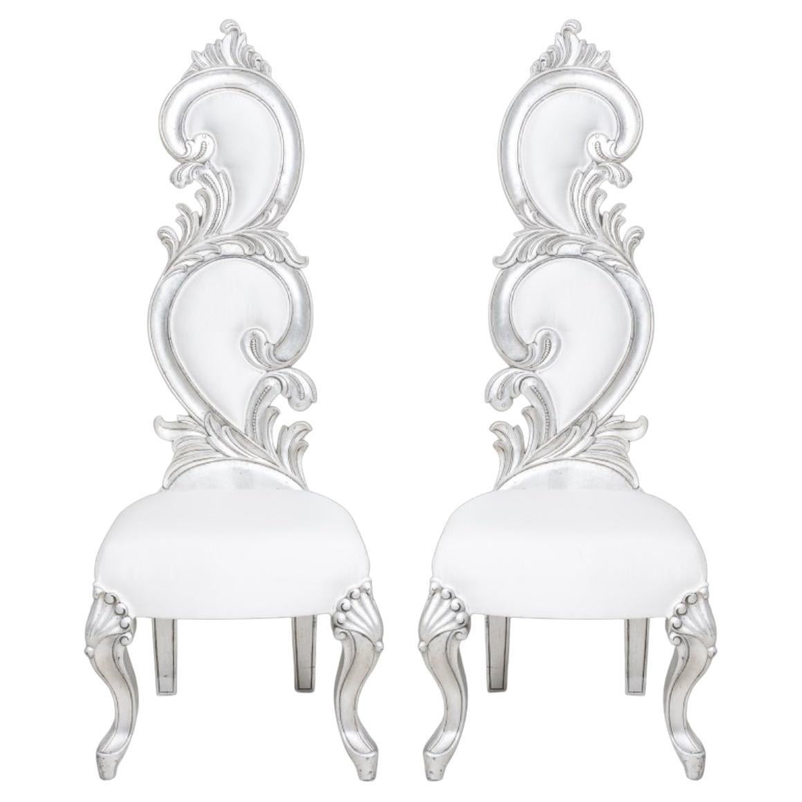 Fantasy Rococo Silvered Wood Side Chair, Pair For Sale