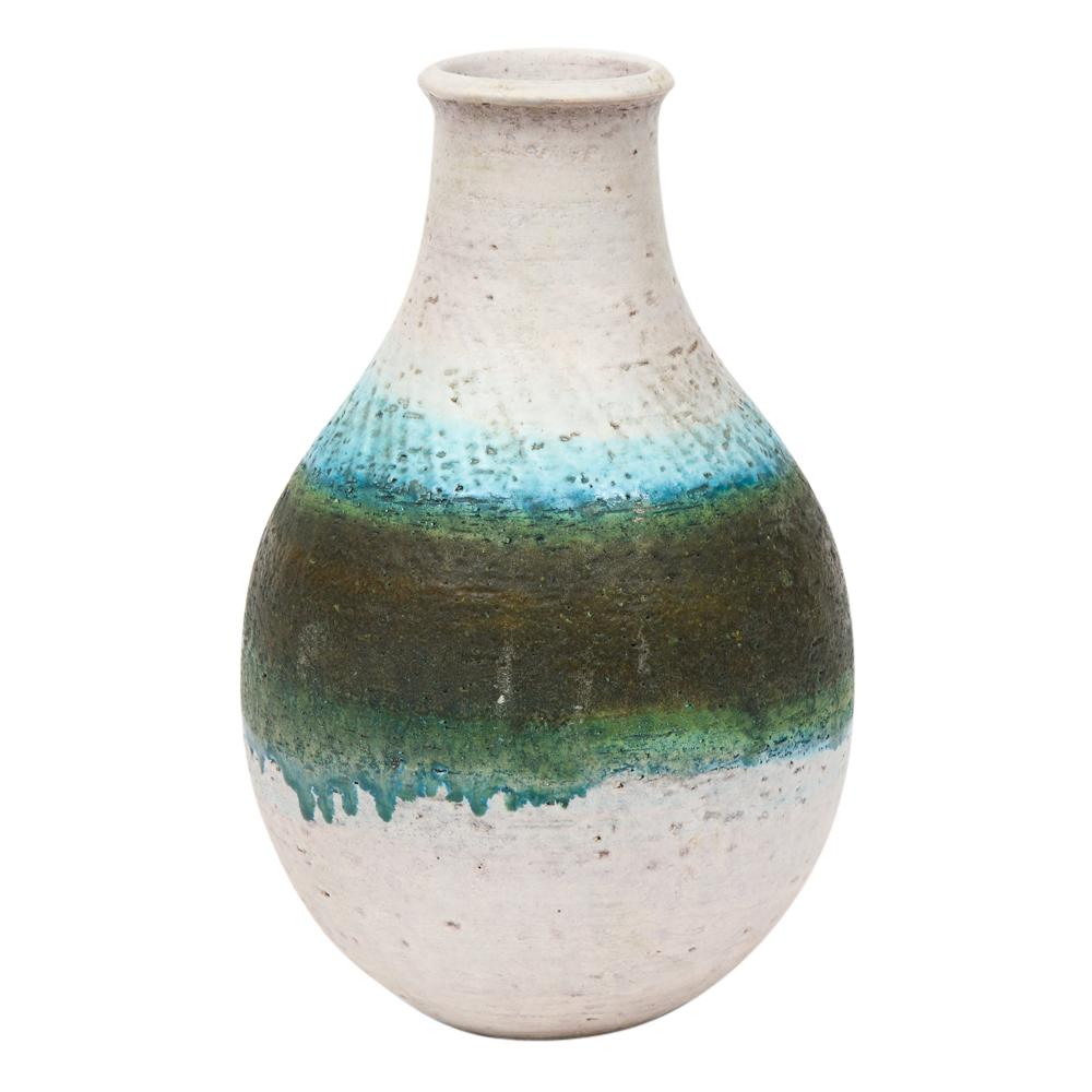 Fantoni for Raymor vase, ceramic, blue, green, signed. Medium scale chunky vase decorated with bands of aqua blue and moss green glaze over a chalky white bulbous form body. Signed on the underside: 