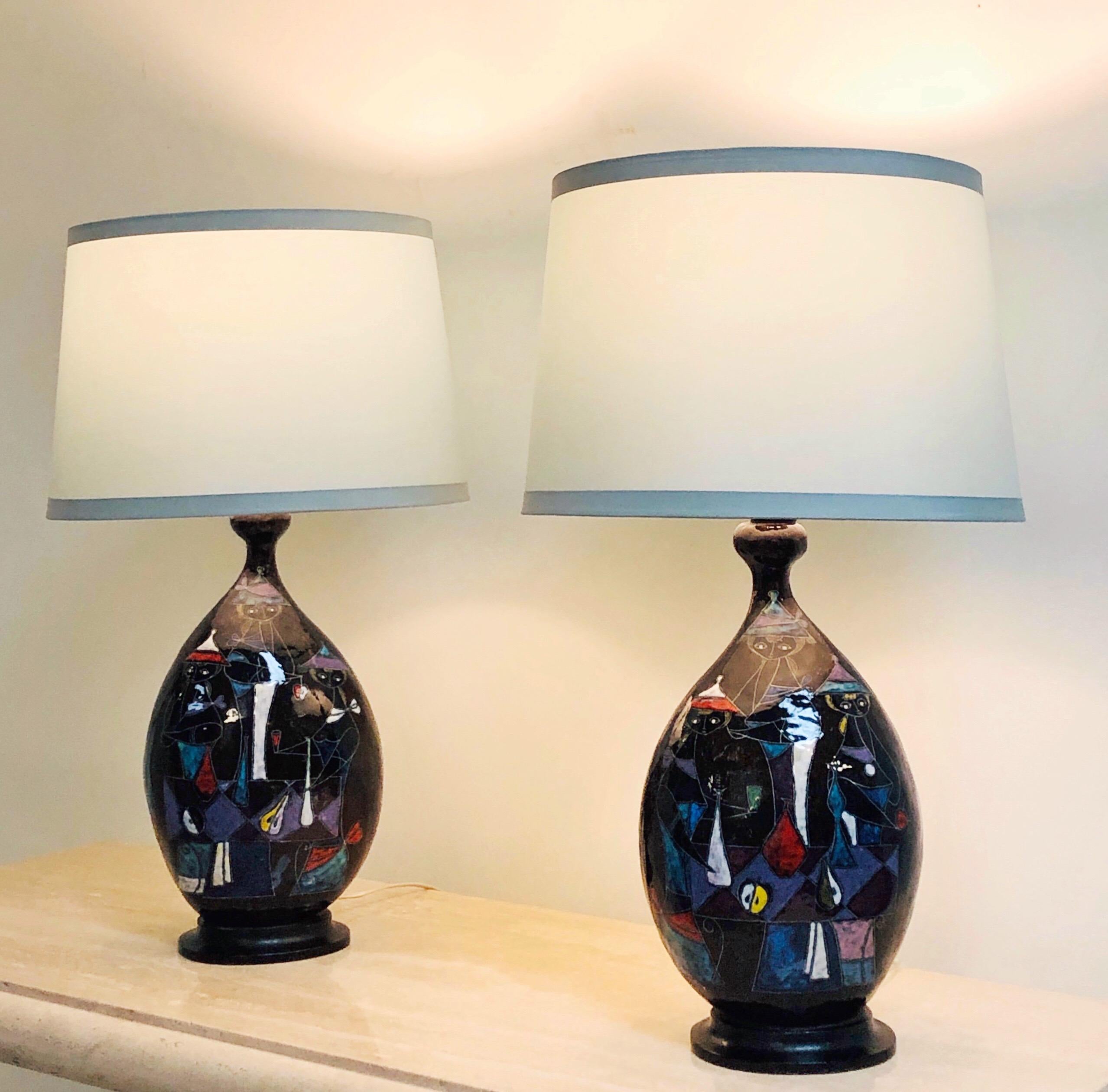 Fantoni Pair of Ceramic Table Lamps Abstract Mid Century 1