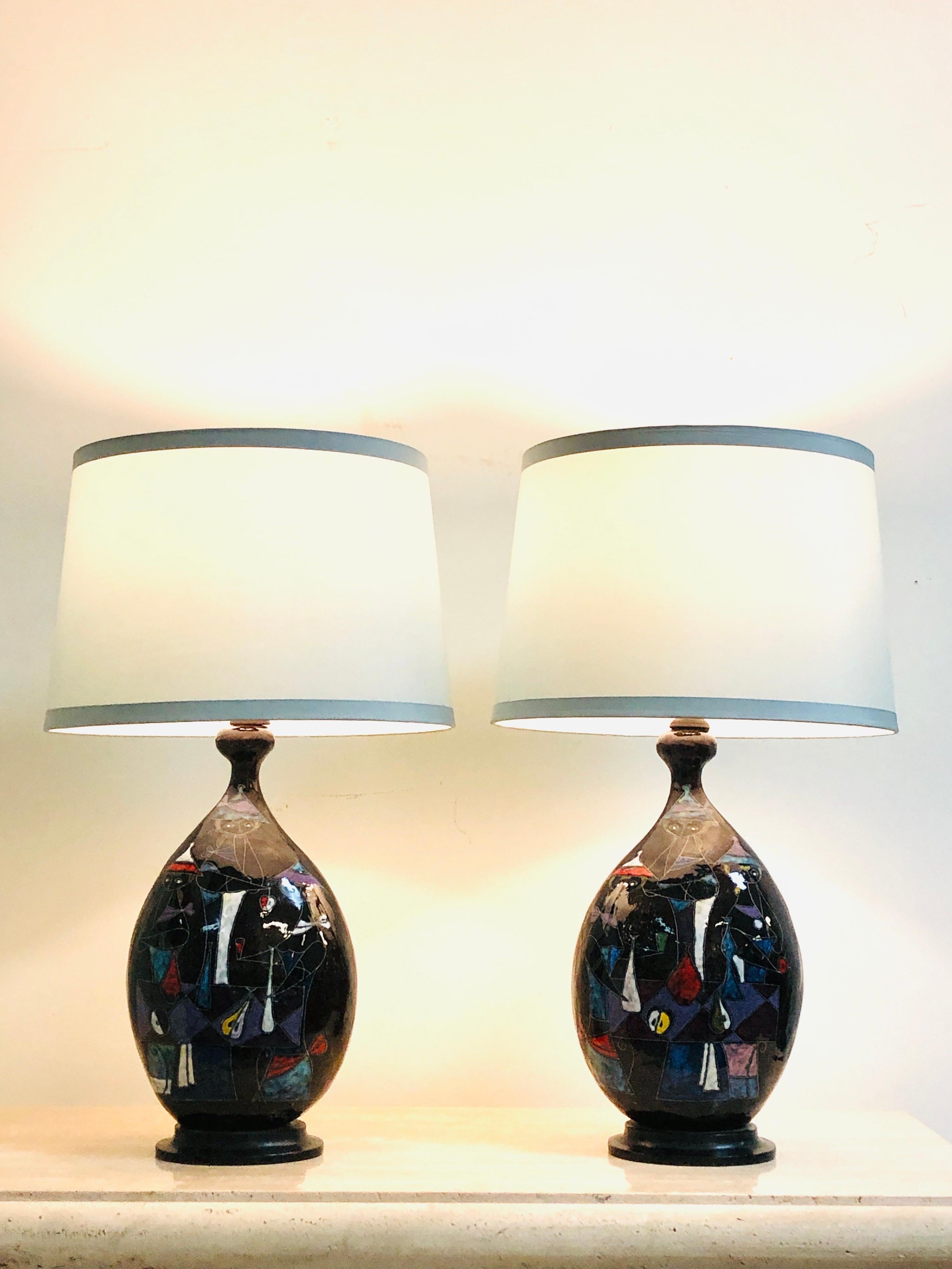 Fantoni Pair of Ceramic Table Lamps Abstract Mid Century 4