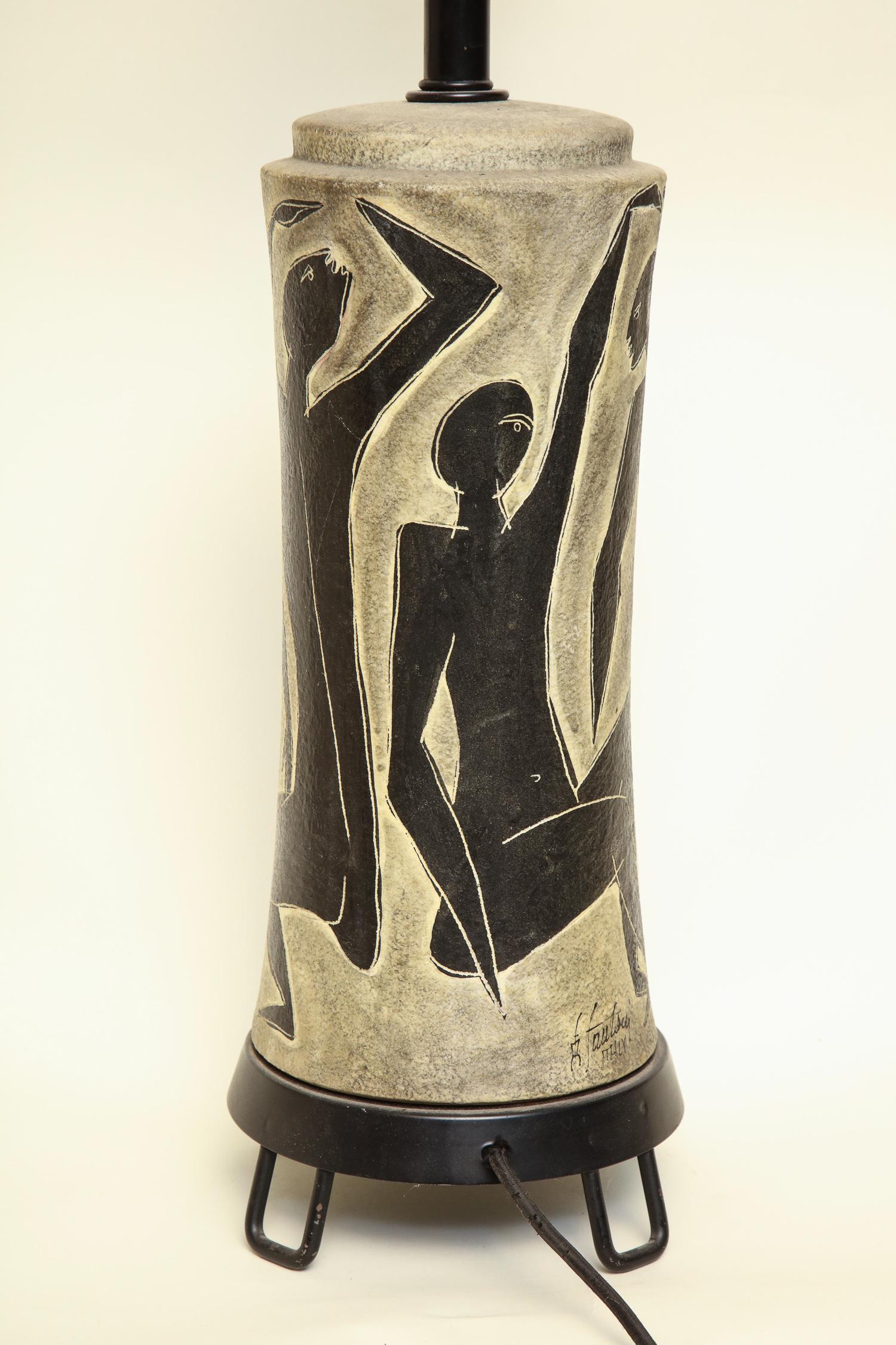 Fantoni Table Lamp Ceramic with Incised Stylized Men, Mid-Century Modern, 1950s For Sale 4
