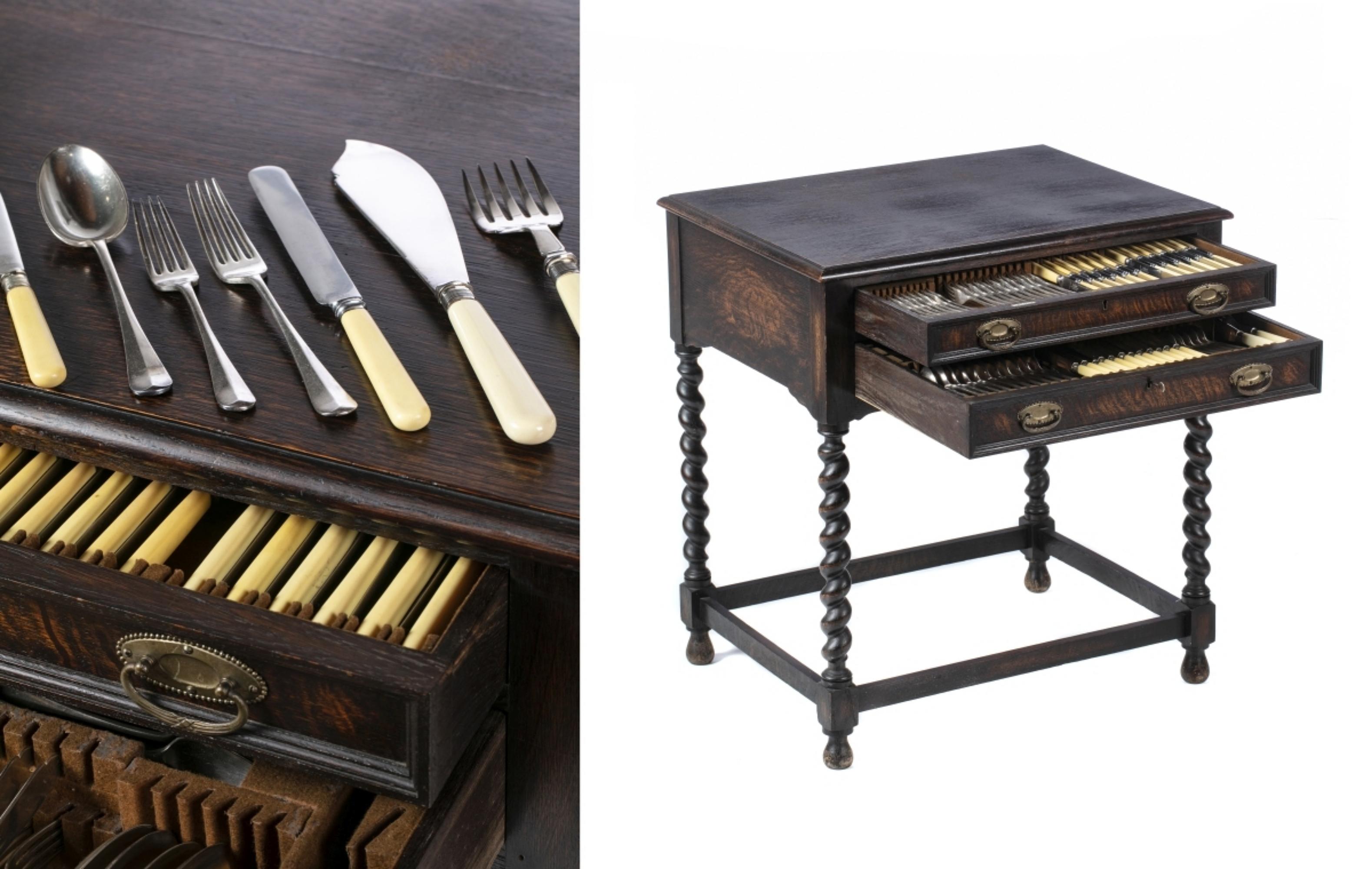 FAQ WITH ENGLISH FURNITURE

London, 19th Century
from 'Mappin & Webb Ltd.', 

Oak furniture with turned legs, with 2 drawers with cone cutlery for 12 people, comprising: (1st drawer) 12 teaspoons; 12 meat knives; 12 cheese knives; 11 table forks; 12