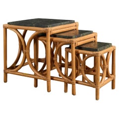 Far East Rattan, Nesting Table, Bamboo, Rattan, Marble, Philippines, 1950s