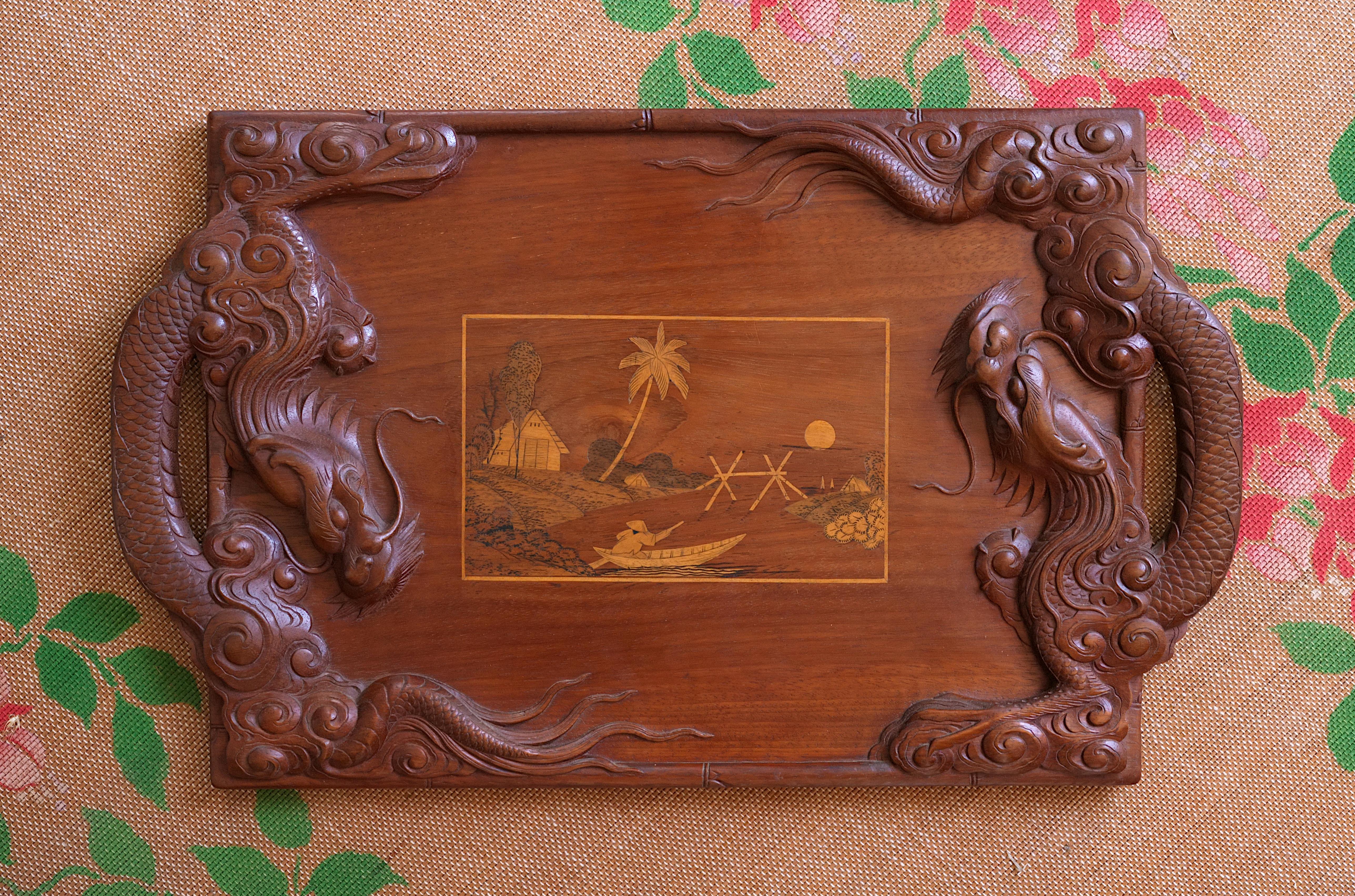 Wood Far Eastern Dragon Tray, 1900 For Sale