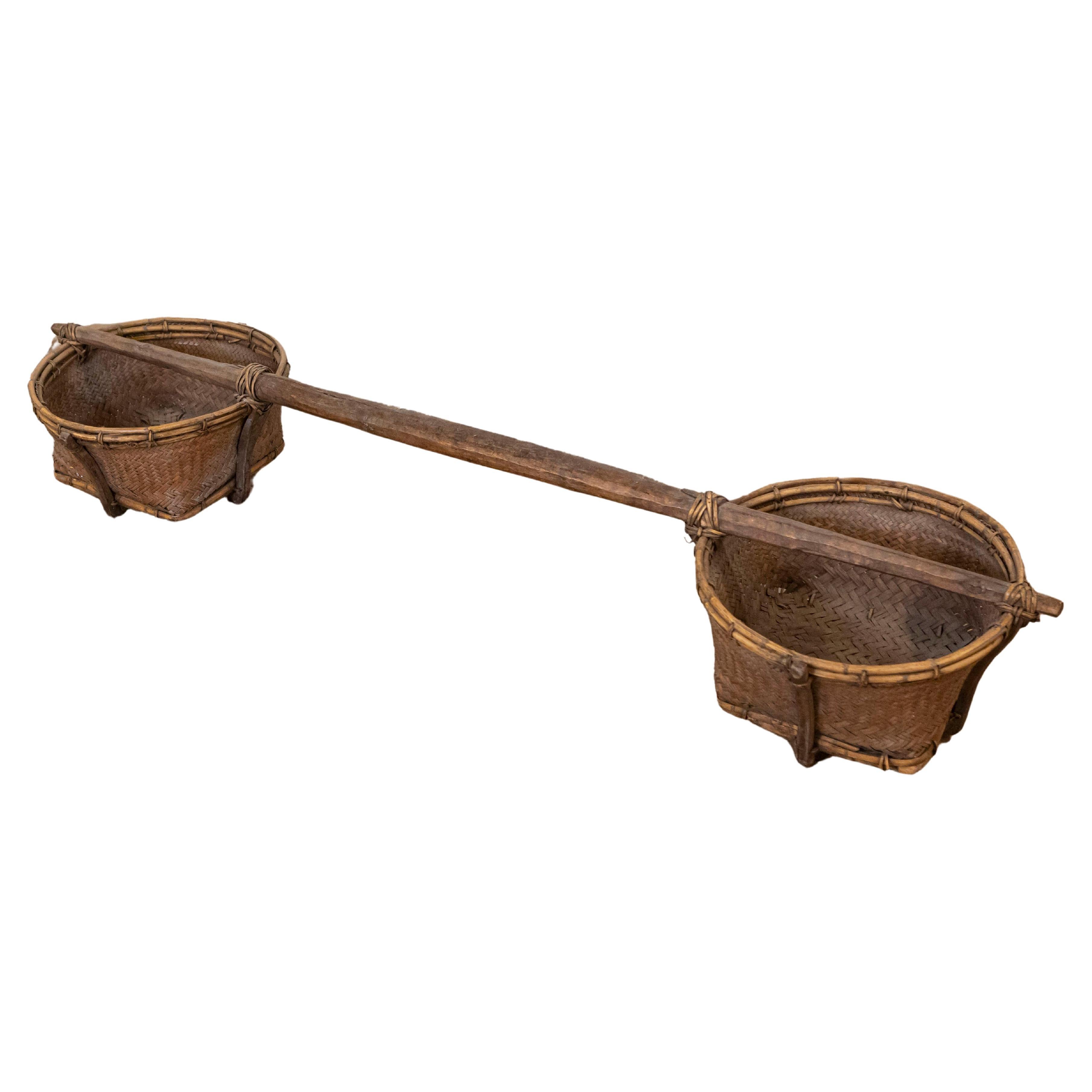 Far Eastern Early 20th Century Shoulder Yoke with Bamboo and Rattan Baskets