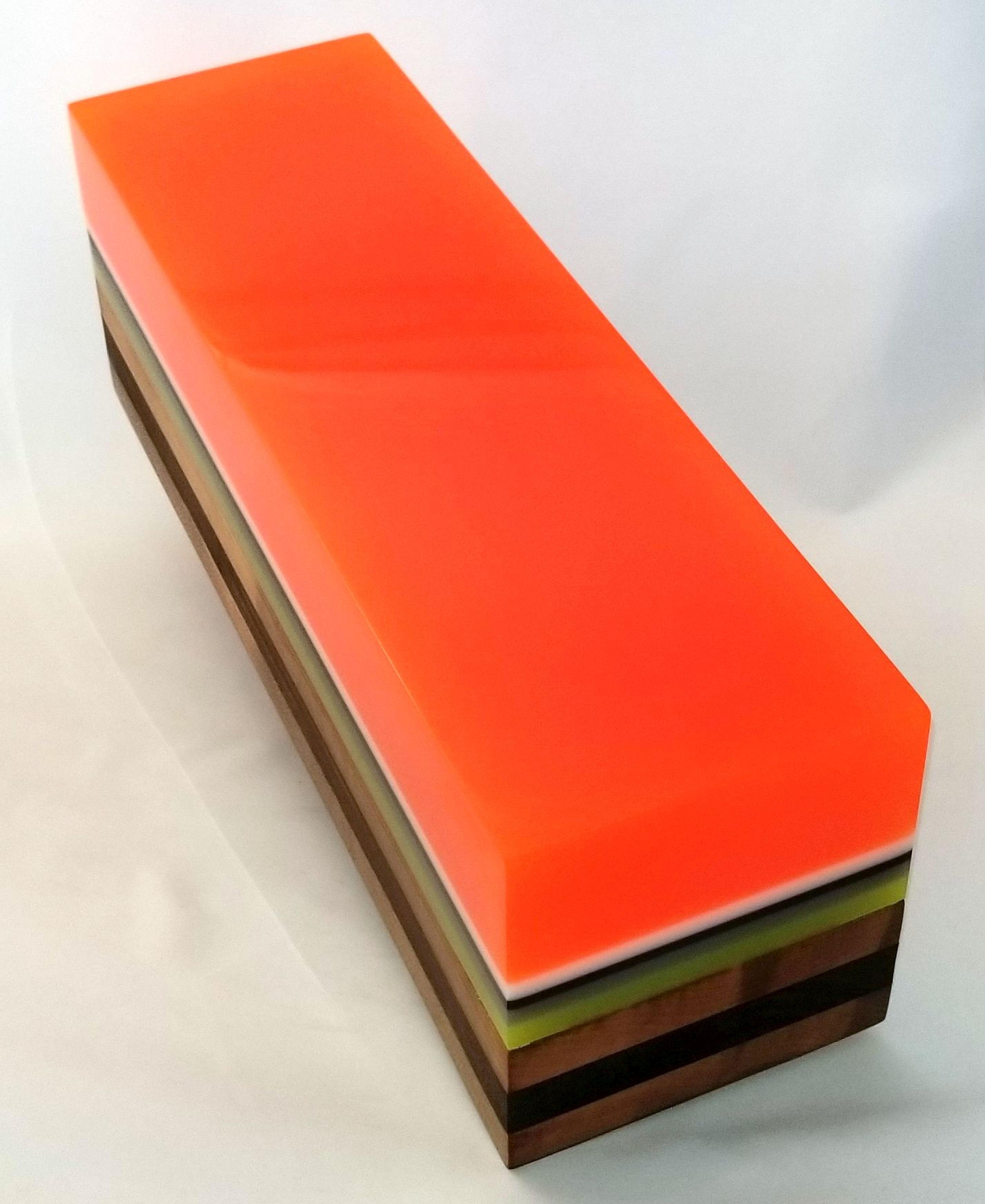 Fara Thomas Abstract Sculpture - Walnut Orange- Mixed media resin wood wall sculpture, colorful, mcm,  modern