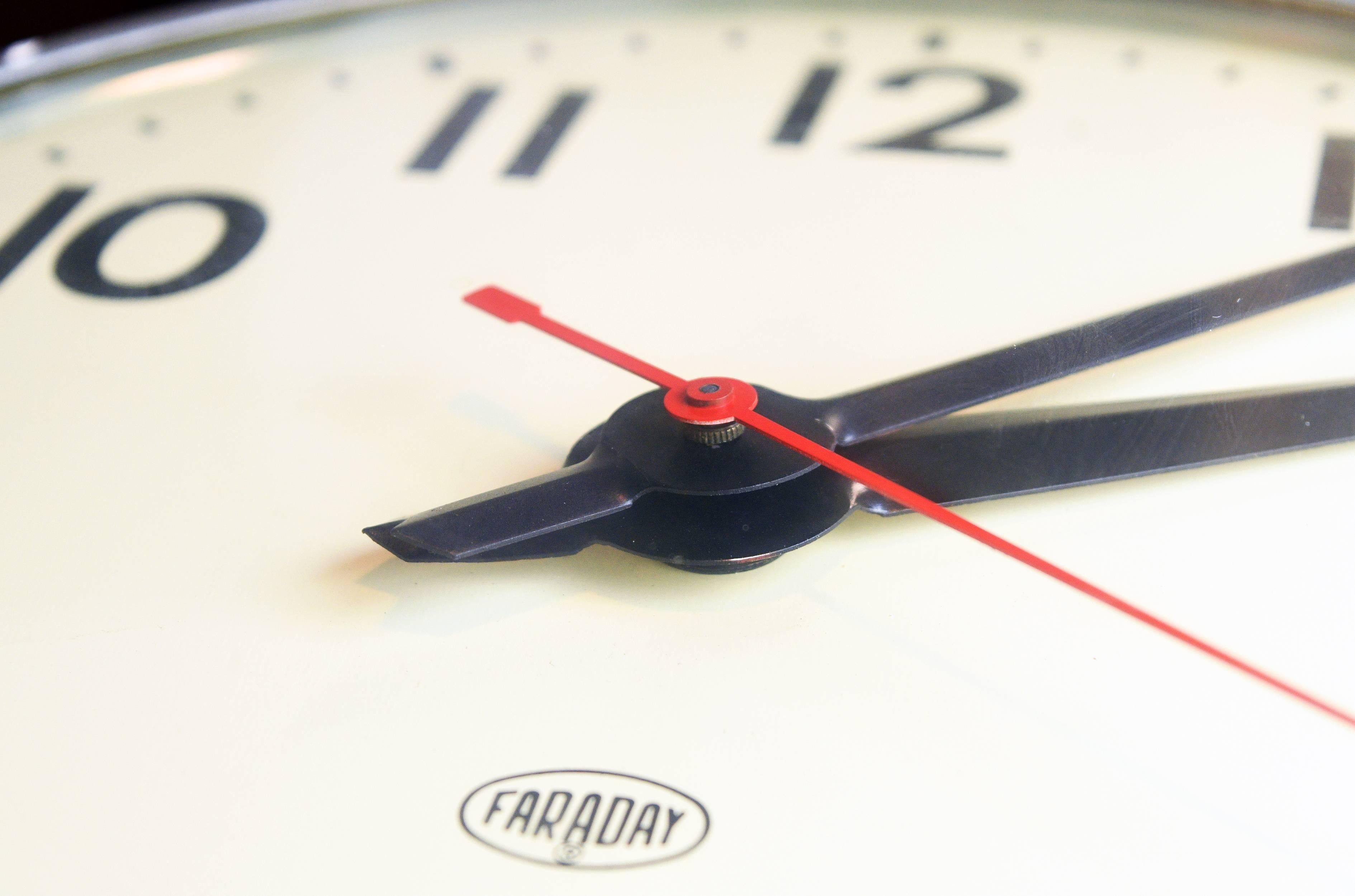 This round double sided clock has its own characters. The surface is weathered and it has one clock surface on each side. On the bottom of the clock face, the company's name and location is marked. Please note that this piece has not been tested for