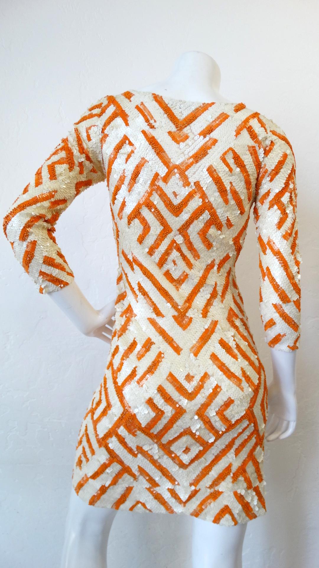 Beige Farah Khan Geometric Op-Art Sequin Dress