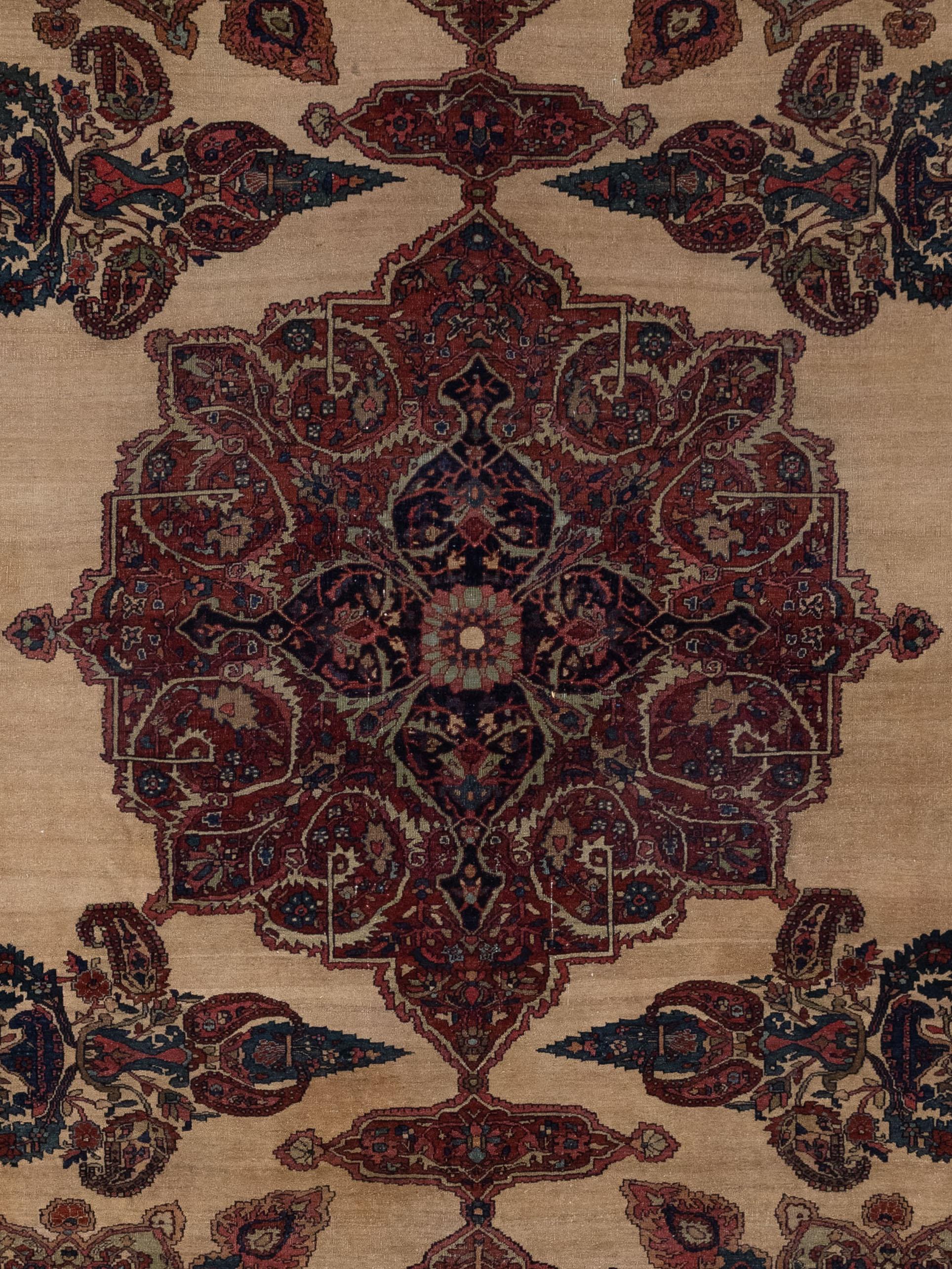 Farahan rugs originate from an area north of Arak, Iran. These rugs get their name Farahan who was a famous carpet weaver from the small village Sarouk. Farahan trademarked the use of a central medallion motif in his rugs whilst using a Herati