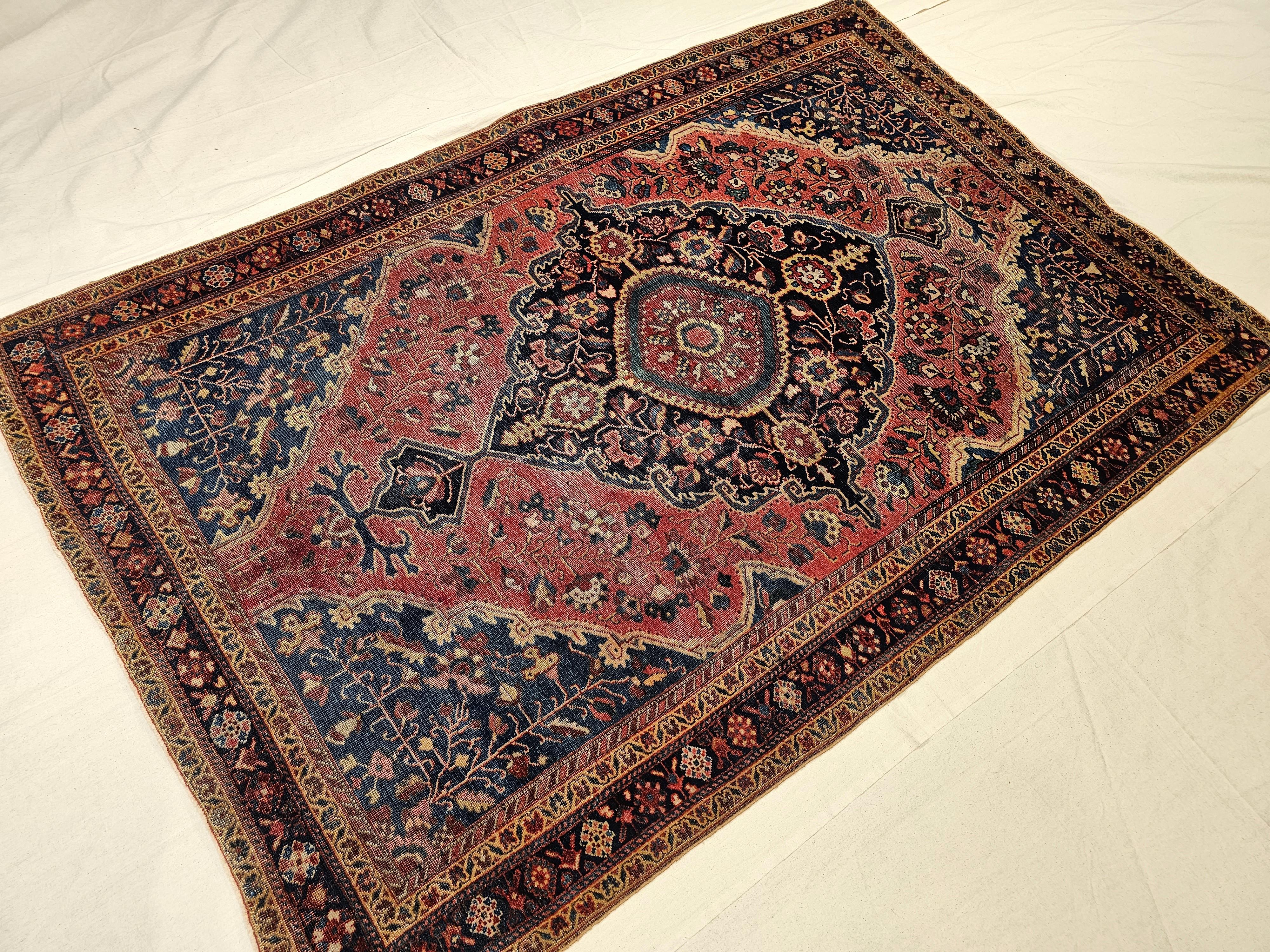 19th Century Persian Farahan Sarouk Area Rug in Rust Red, French Blue, Navy Blue For Sale 2