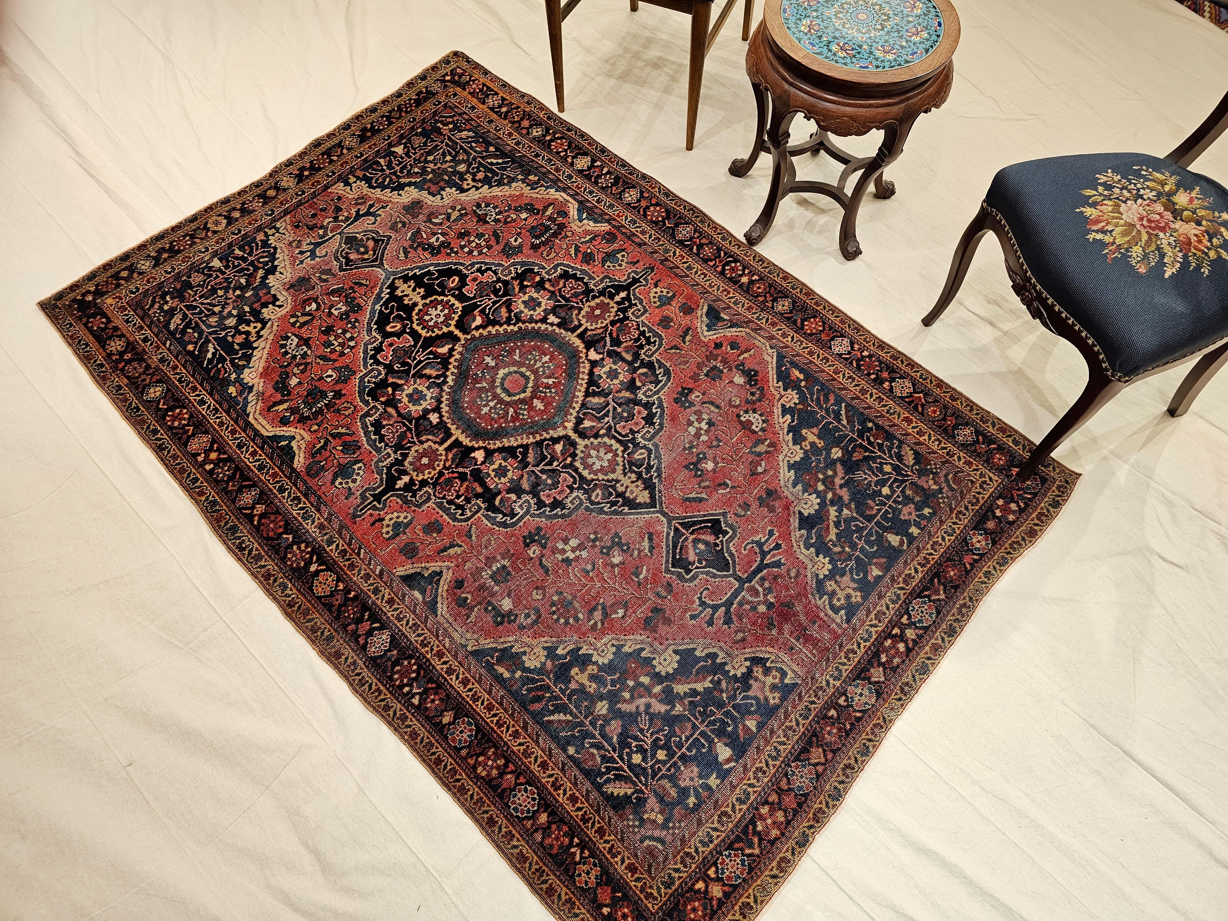 19th Century Persian Farahan Sarouk Area Rug in Rust Red, French Blue, Navy Blue For Sale 3