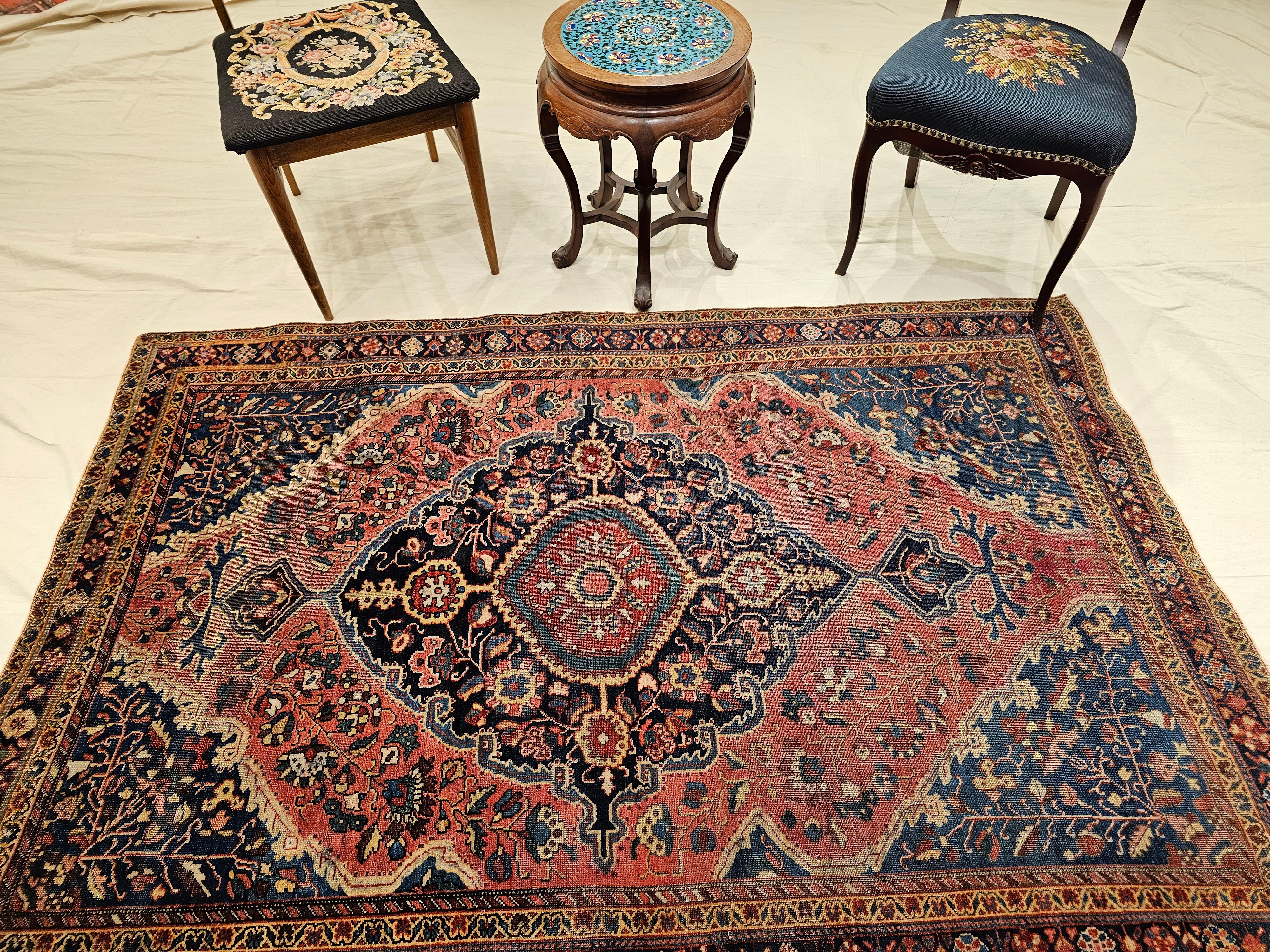 19th Century Persian Farahan Sarouk Area Rug in Rust Red, French Blue, Navy Blue For Sale 4