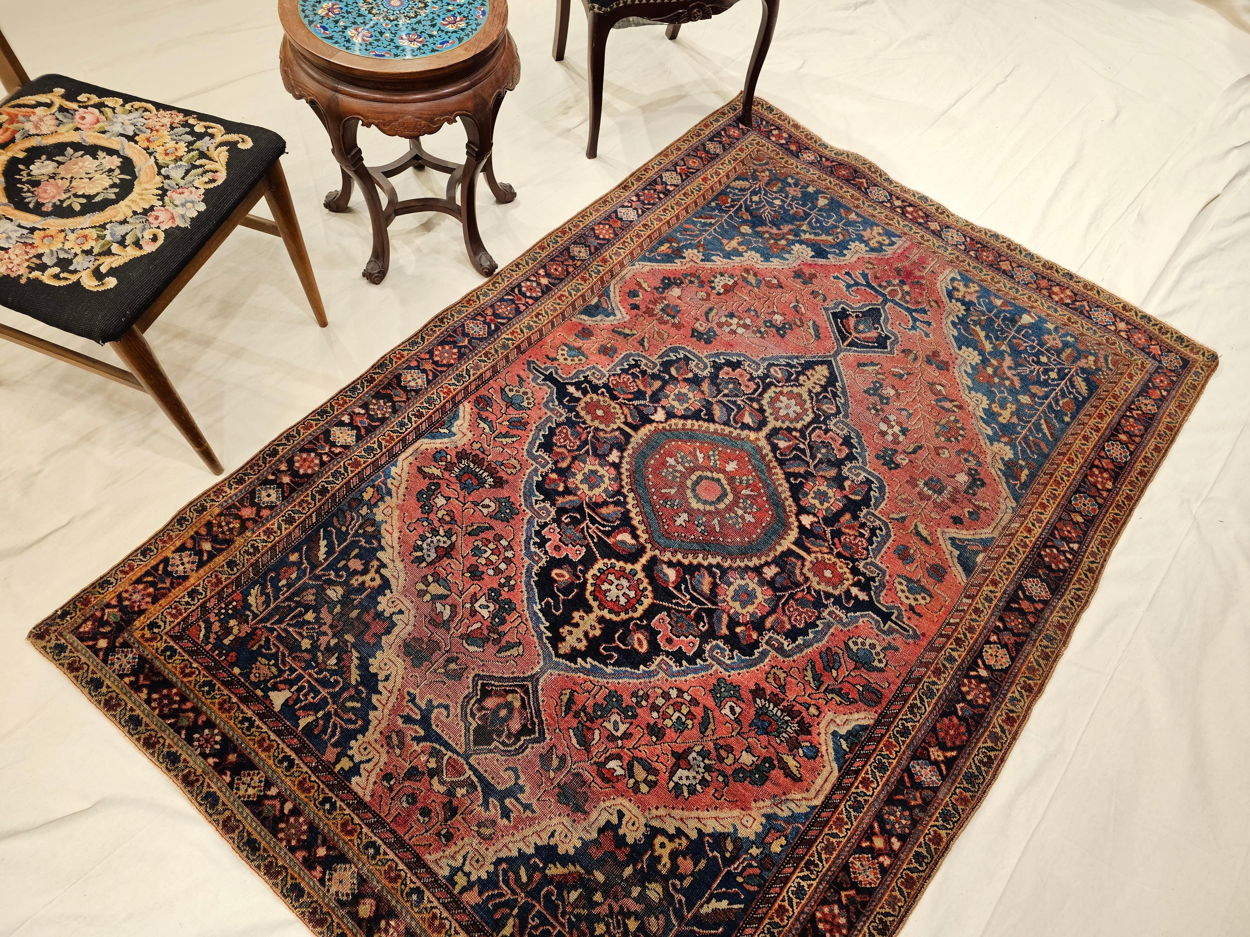 19th Century Persian Farahan Sarouk Area Rug in Rust Red, French Blue, Navy Blue For Sale 5