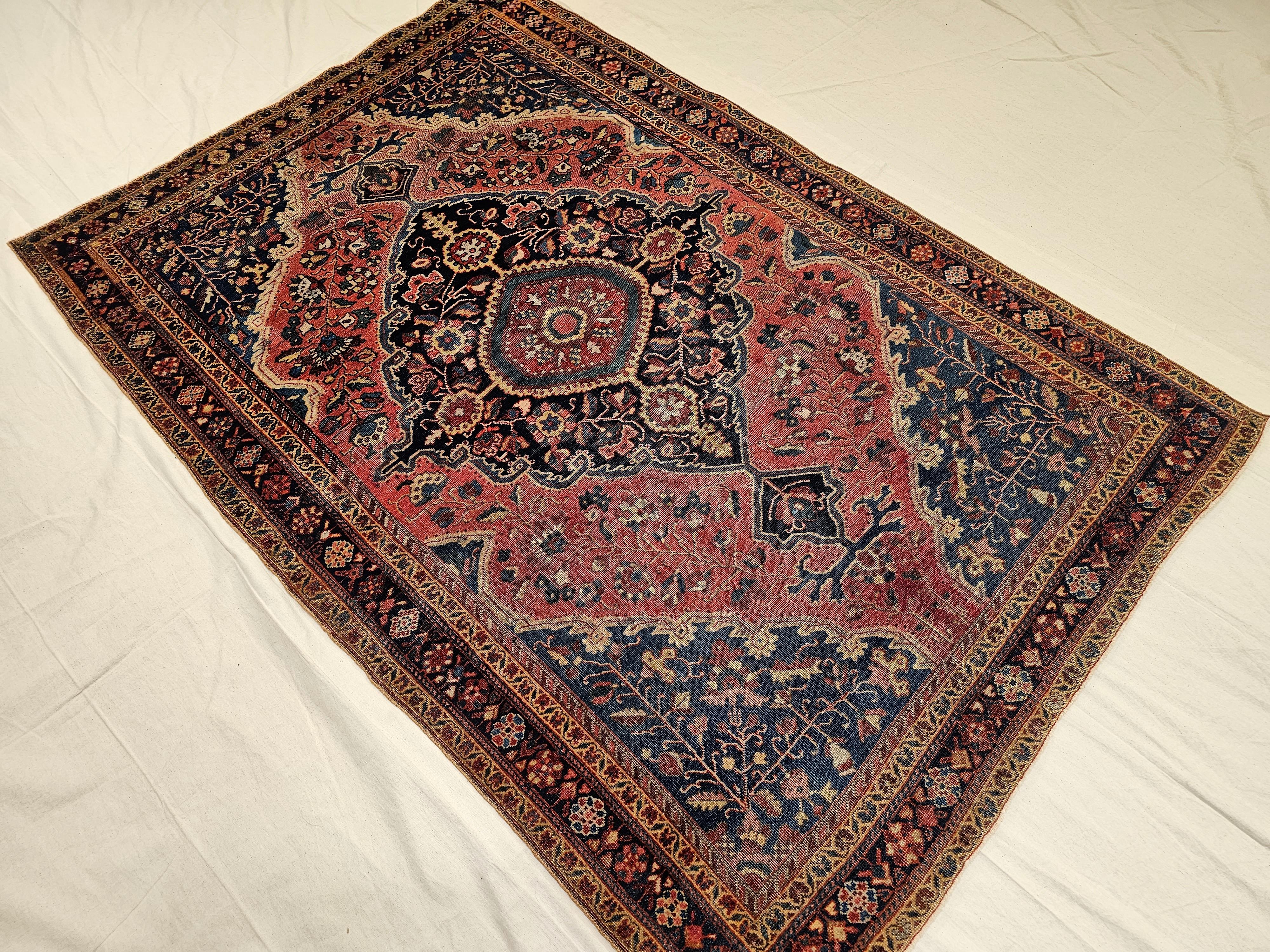 19th Century Persian Farahan Sarouk Area Rug in Rust Red, French Blue, Navy Blue For Sale 1