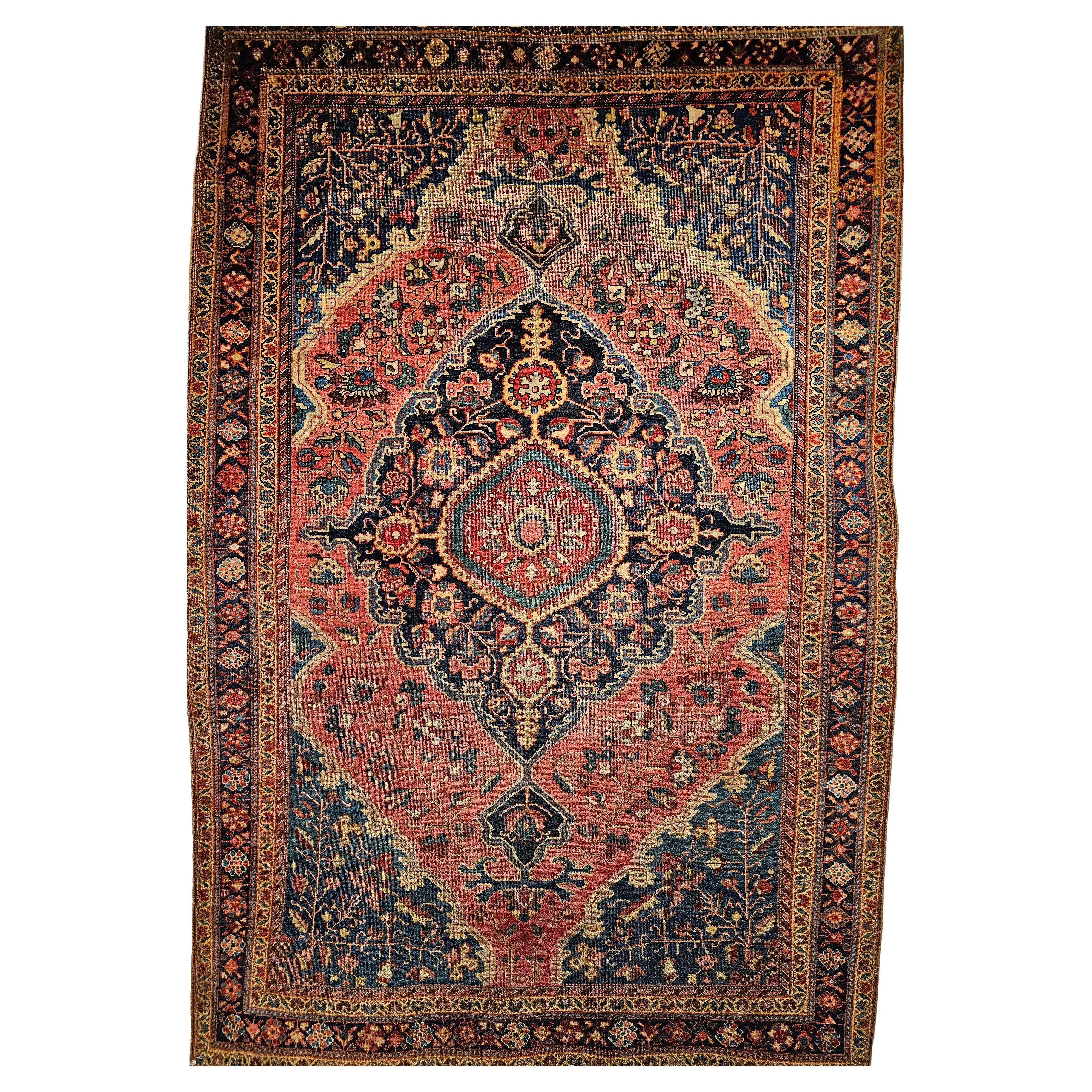 19th Century Persian Farahan Sarouk Area Rug in Rust Red, French Blue, Navy Blue