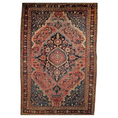 Antique 19th Century Persian Farahan Sarouk Area Rug in Rust Red, French Blue, Navy Blue