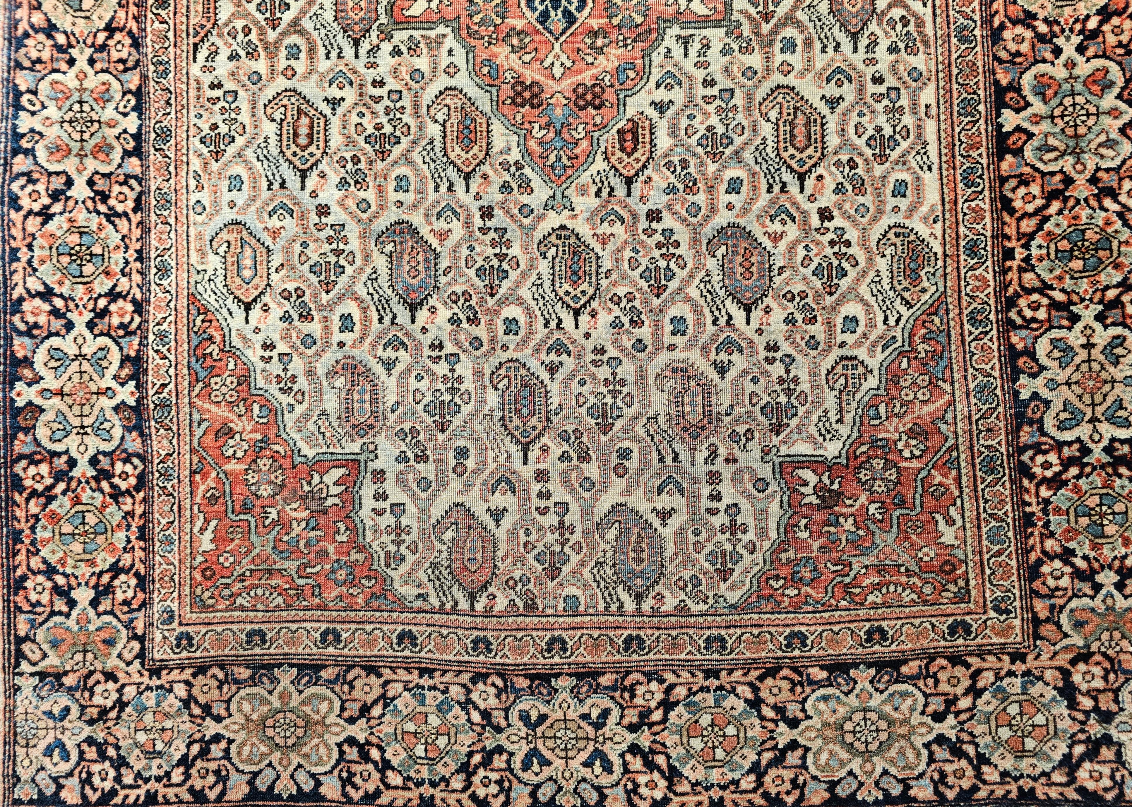 Vegetable Dyed Late 1800s Persian Farahan in an Allover Paisley Pattern in Pale Green, Rust Red For Sale