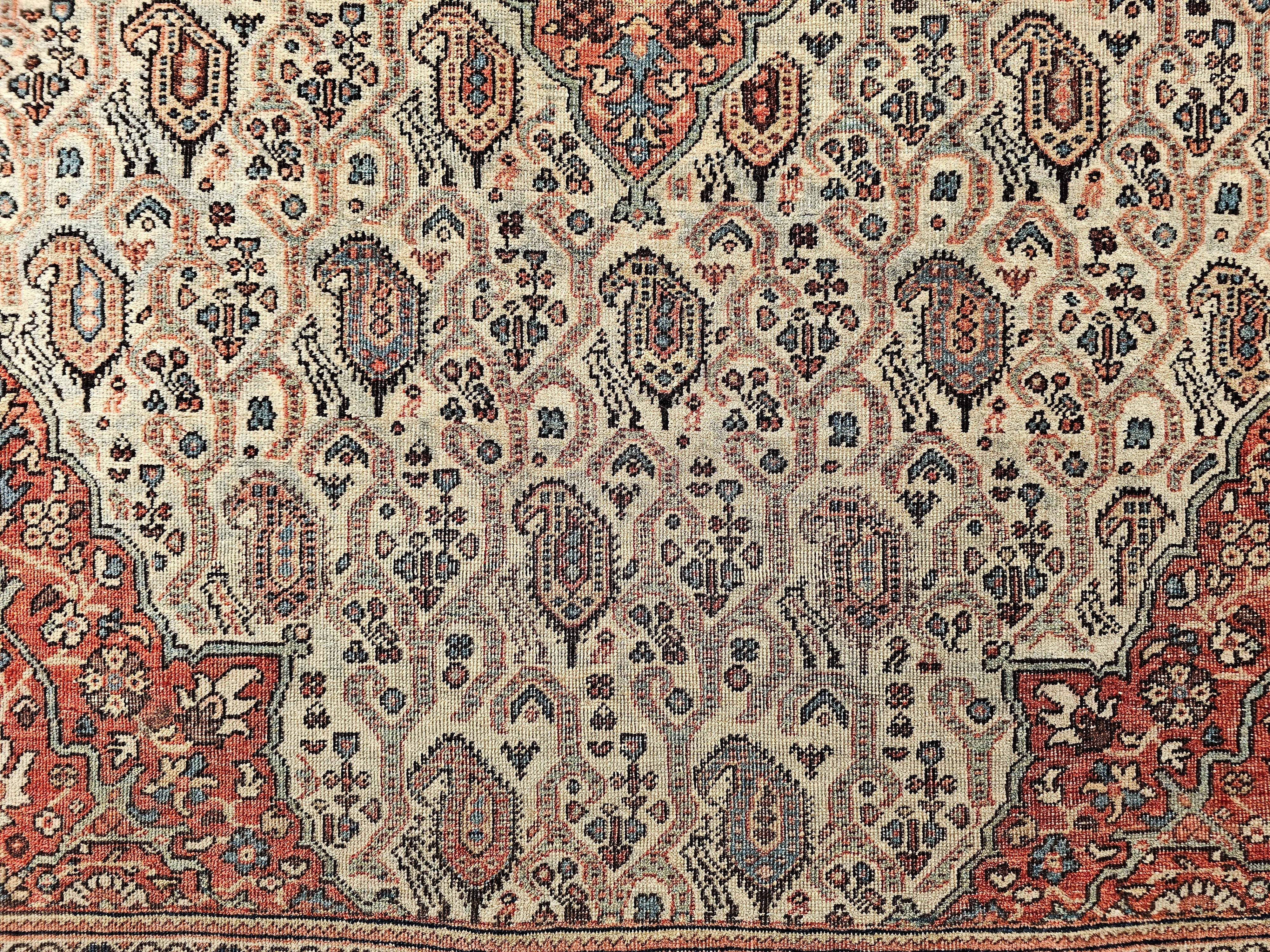 Late 1800s Persian Farahan in an Allover Paisley Pattern in Pale Green, Rust Red In Good Condition For Sale In Barrington, IL