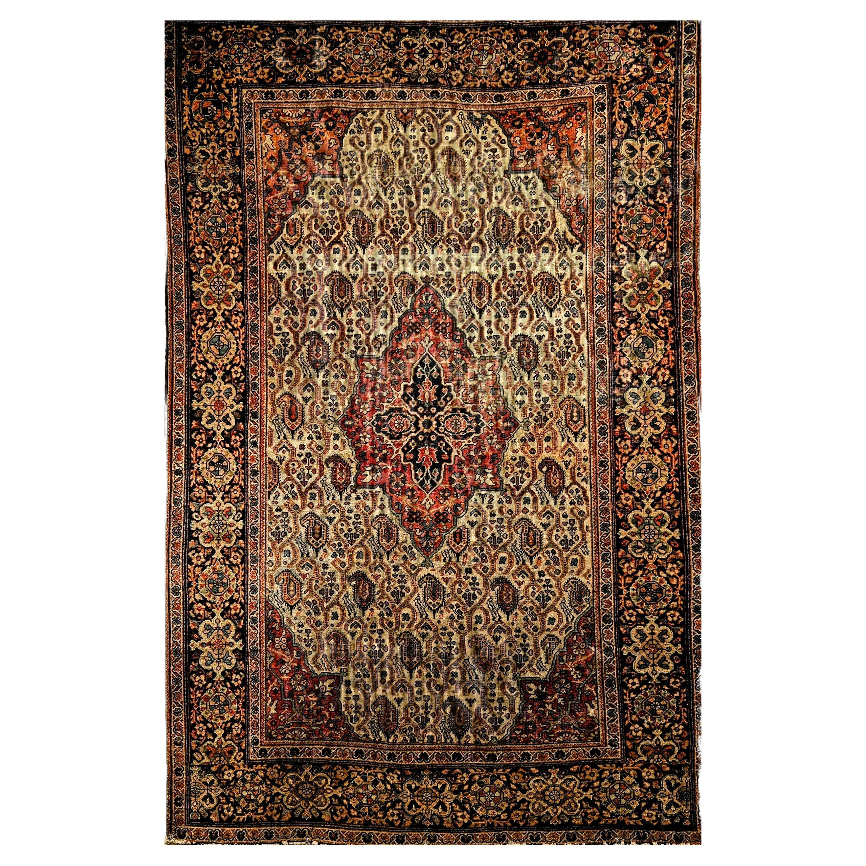 Late 1800s Persian Farahan in an Allover Paisley Pattern in Pale Green, Rust Red For Sale