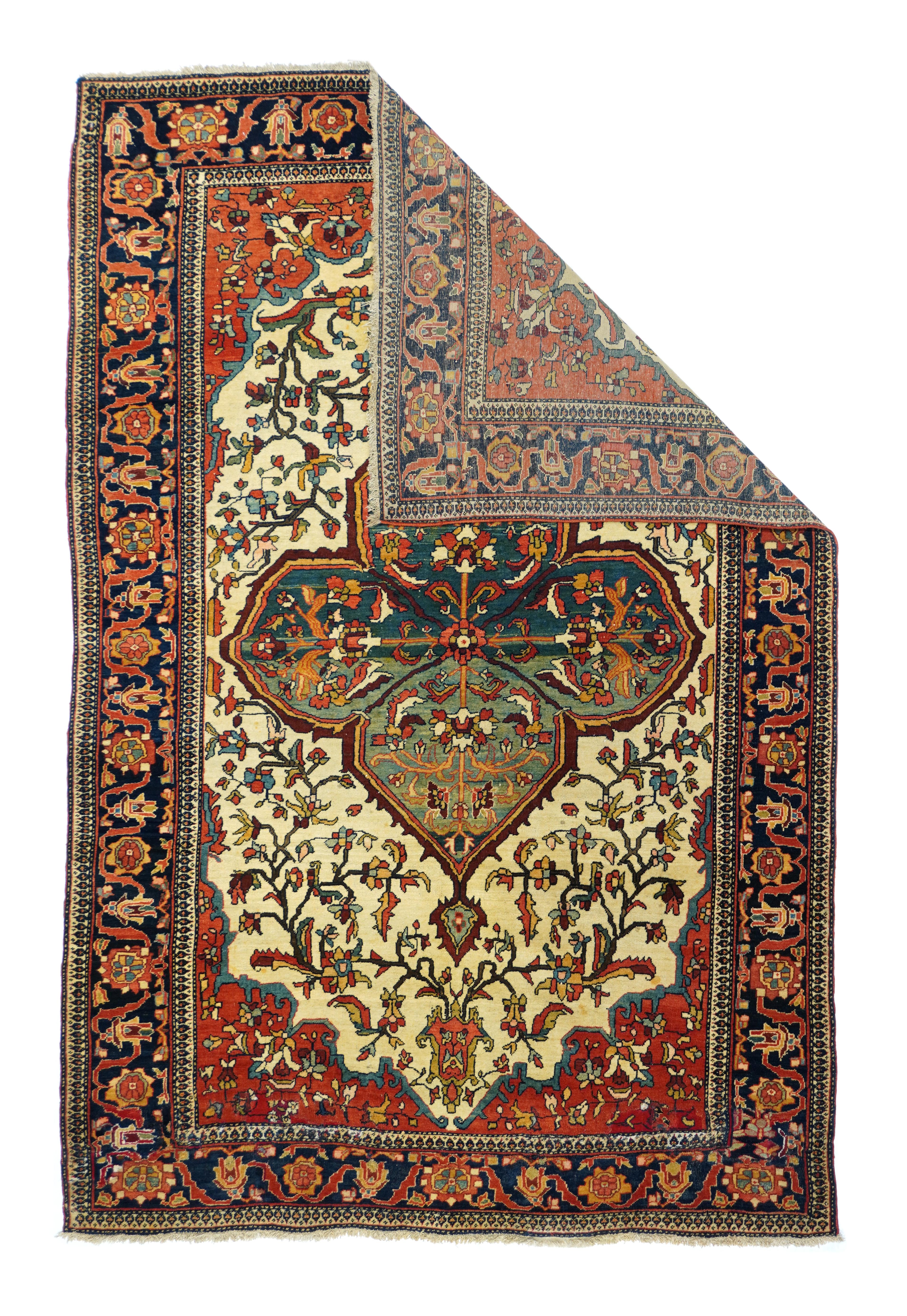 This attractive west Persian, well-woven, scatter shows a particularly bold green and blue abrashed quatrefoil medallion, against the old ivory field with verdant vines growing from ragged end palmettes. Rust corners keyed into the field with