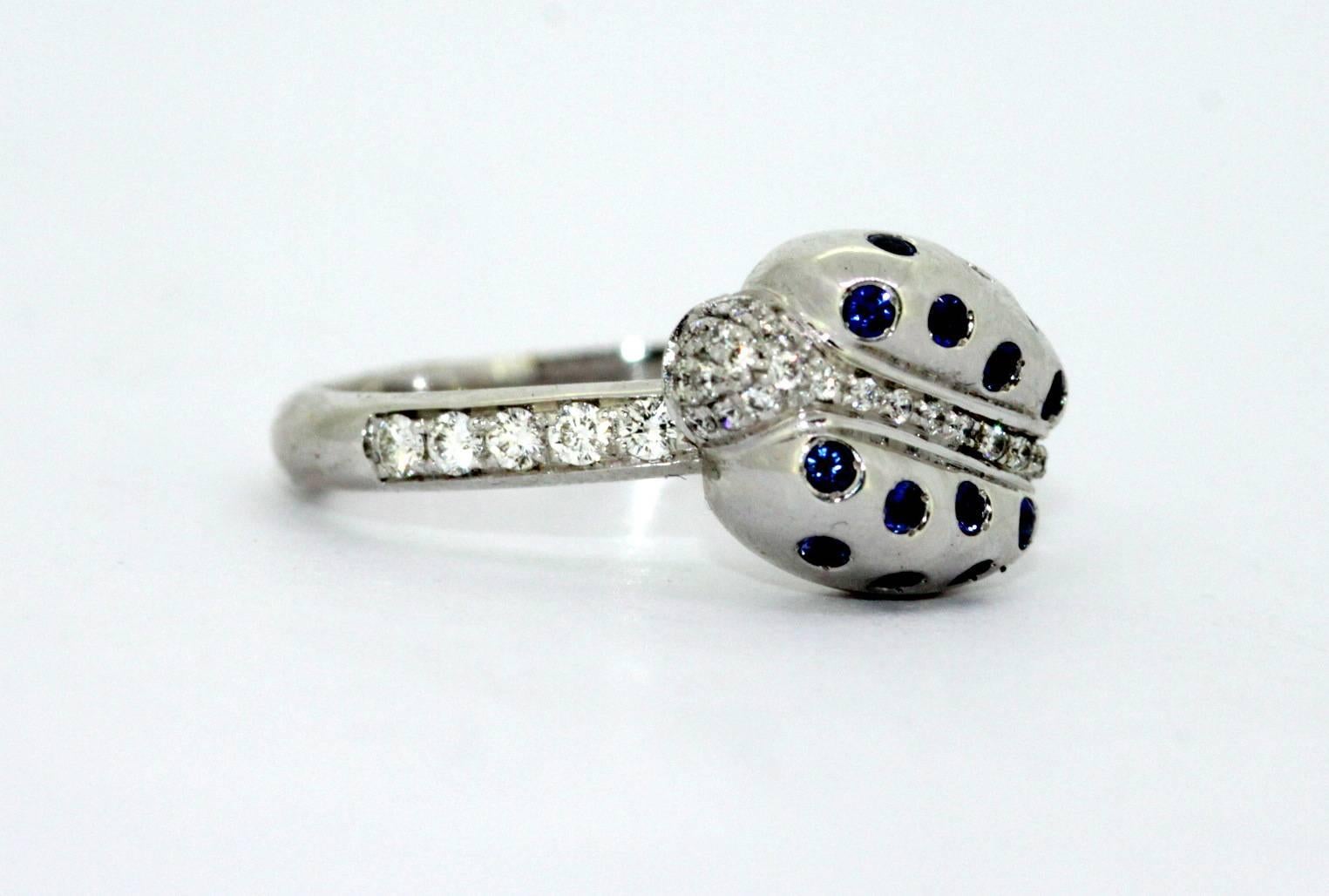 18k white gold ladies ladybird ring with diamonds and blue sapphire
Designer : Faraone
Made in Italy
Fully hallmarked

Faraone was the one to launch Tiffany&co’s story. Back in 1989 Faraone signed an exclusive partnership with the quite unknown in