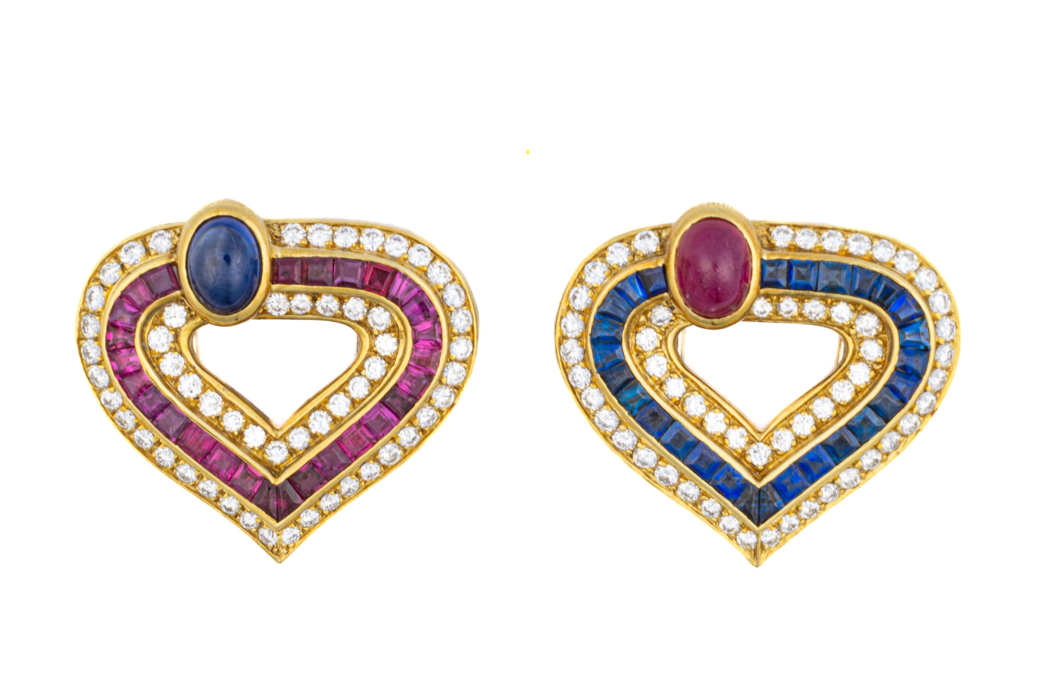 Faraone Cabochon Ruby, Sapphire, and Diamond Heart Earring & Brooch Set In Excellent Condition In New York, NY