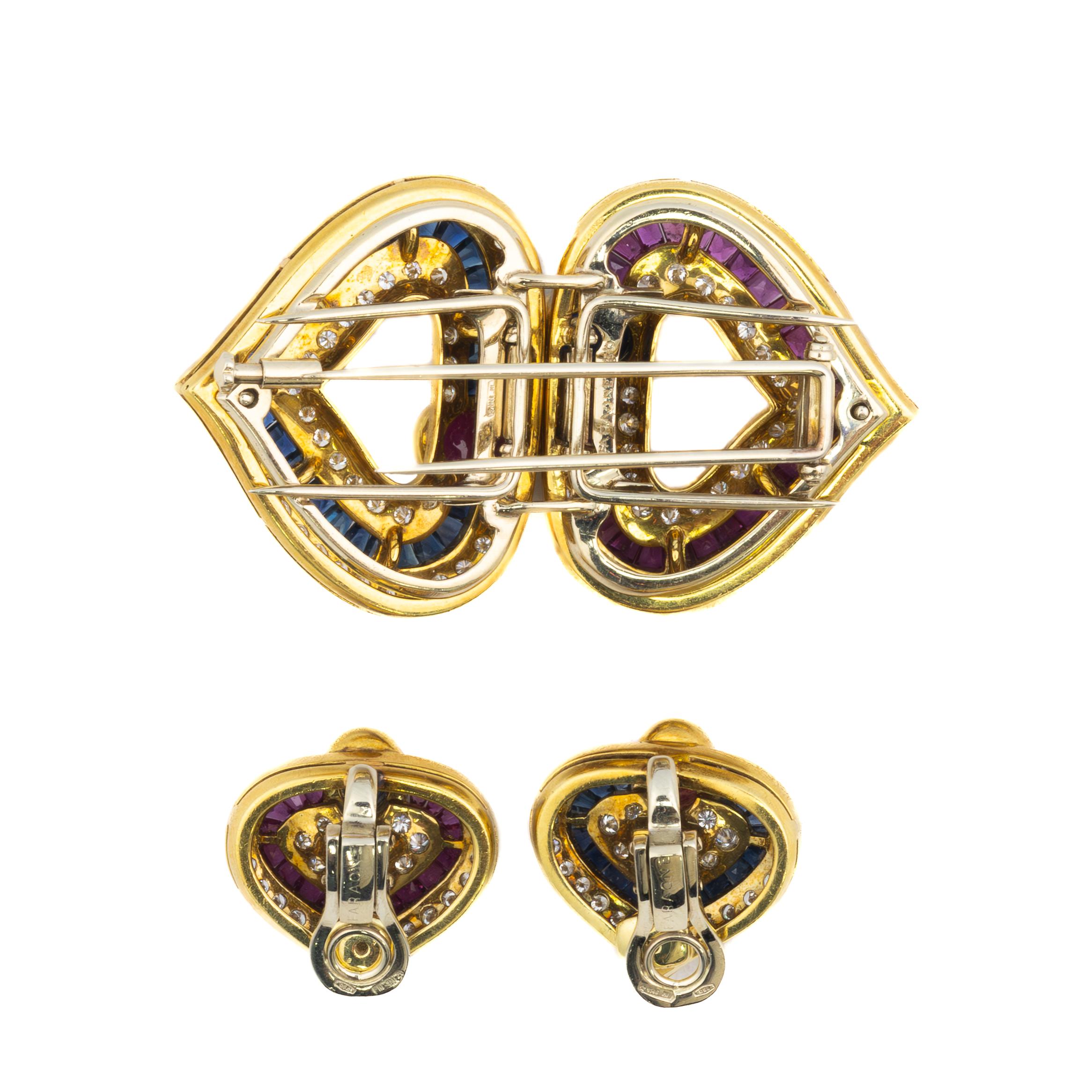 Women's Faraone Cabochon Ruby, Sapphire, and Diamond Heart Earring & Brooch Set