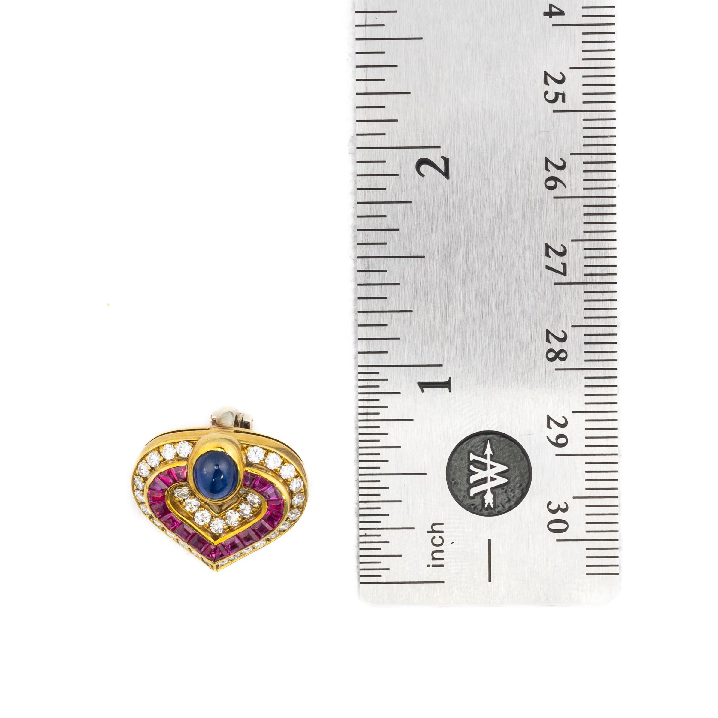 Faraone Cabochon Ruby, Sapphire, and Diamond Heart Earring & Brooch Set 1