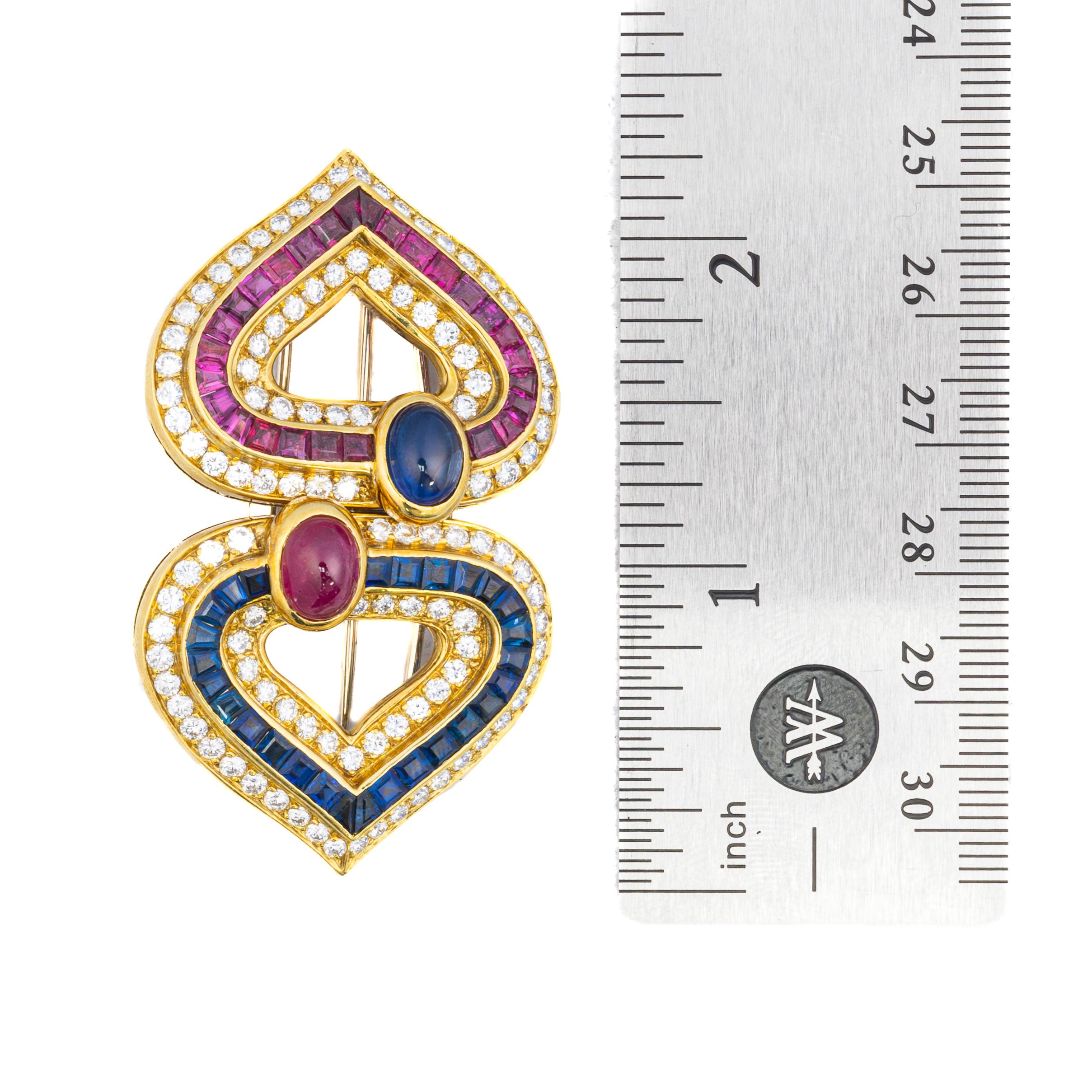 Faraone Cabochon Ruby, Sapphire, and Diamond Heart Earring & Brooch Set 2
