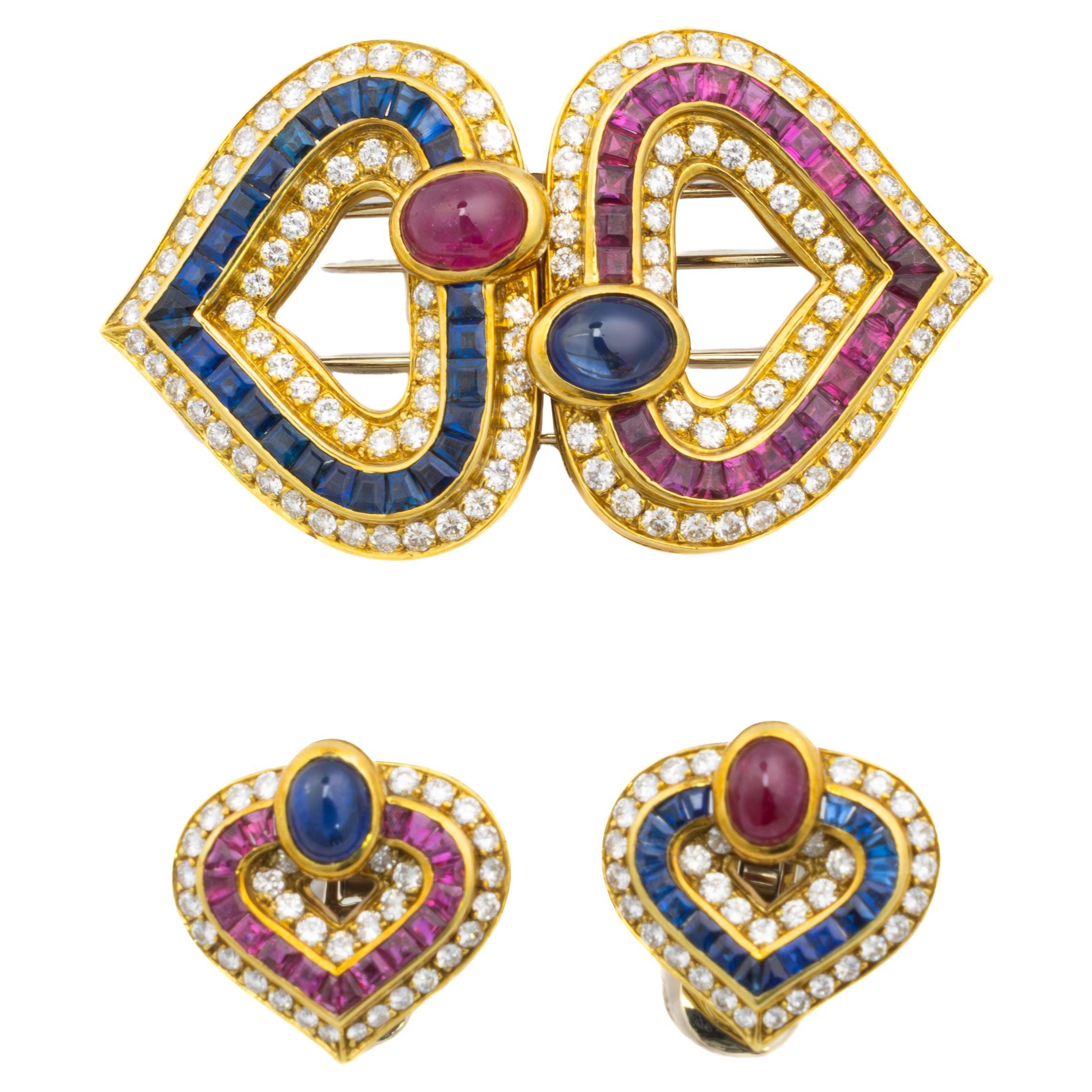 Faraone Cabochon Ruby, Sapphire, and Diamond Heart Earring & Brooch Set