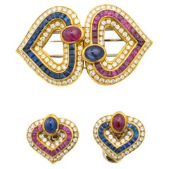 Faraone Cabochon Ruby, Sapphire, and Diamond Heart Earring & Brooch Set