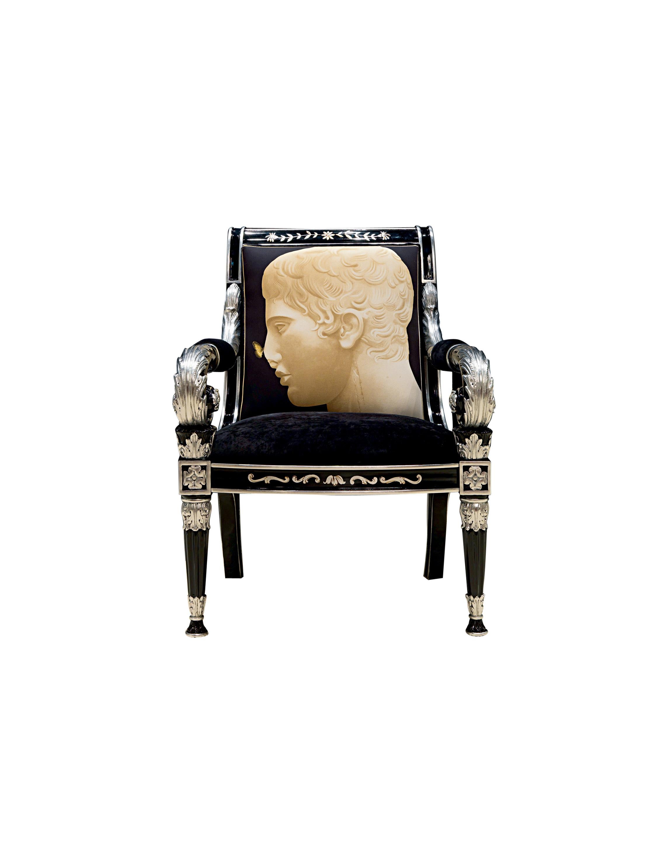 The Faraone-Canc armchair features the fabric with an image from the “DORIFORO” collection, by Paolo Canciani for Zanaboni. It is a tribute to classic and neoclassic style read in a contemporary key, perfect for any high end luxury interior where it
